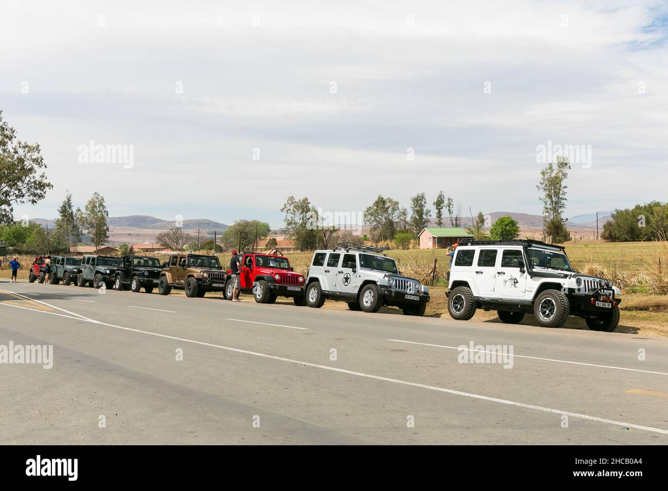 Harrismith, South Africa - October 3, 2015: Jeep owners club on location in Drakensberg Mountains Stock Photo