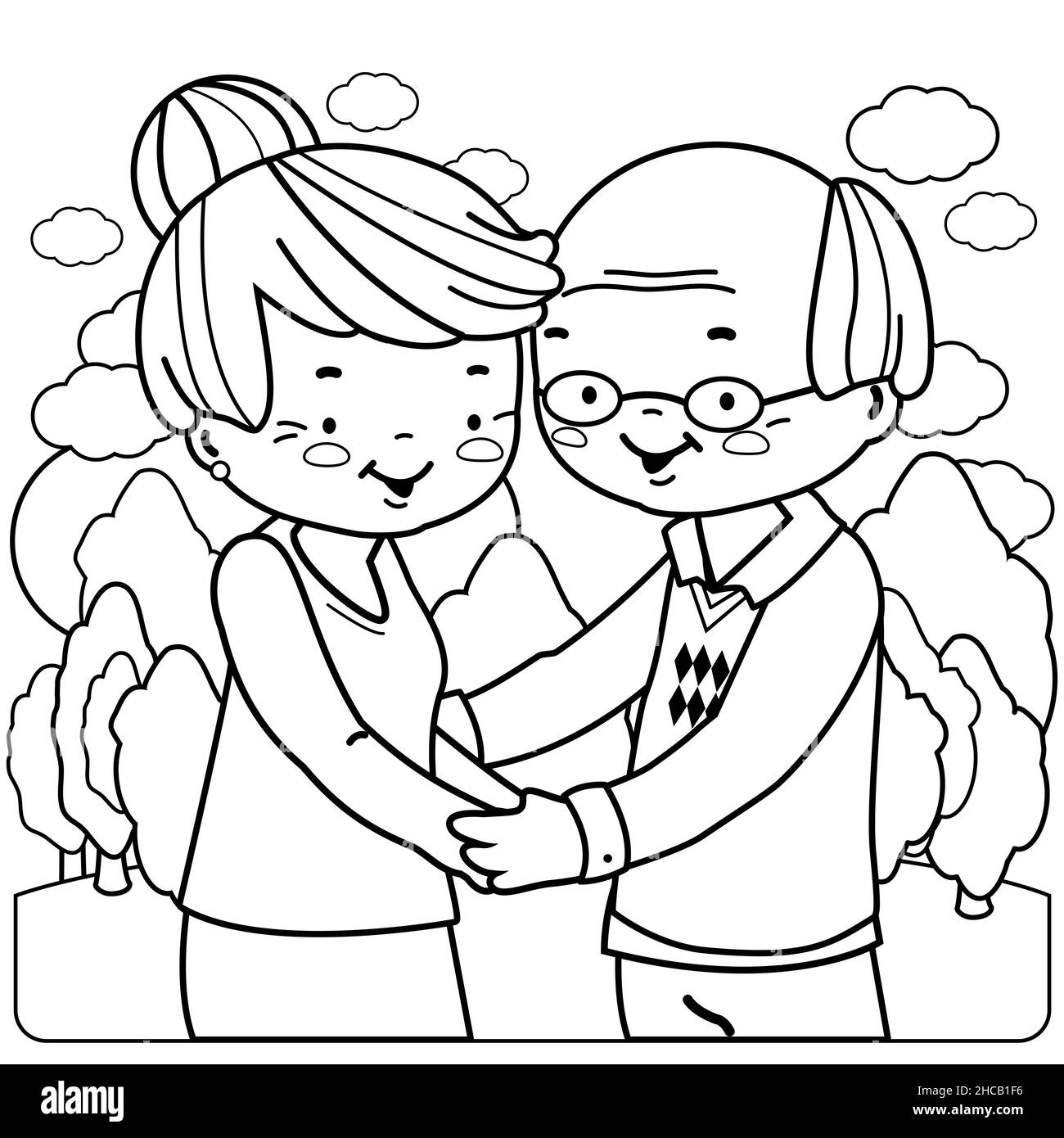 An old man and an old woman holding hands at the park. Black and white coloring page. Stock Photo
