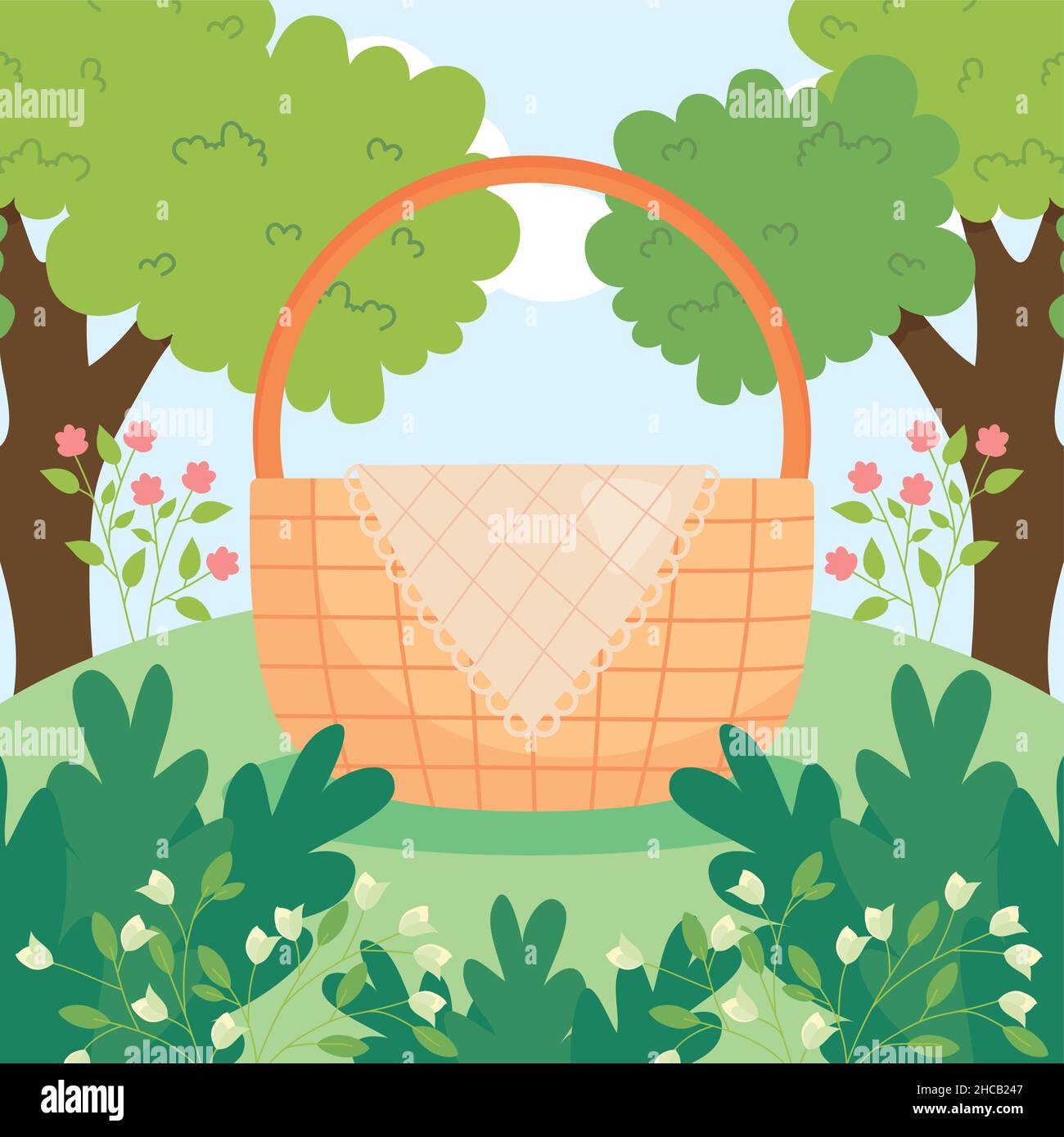 outdoor picnic illustration with basket and trees Stock Vector Image ...
