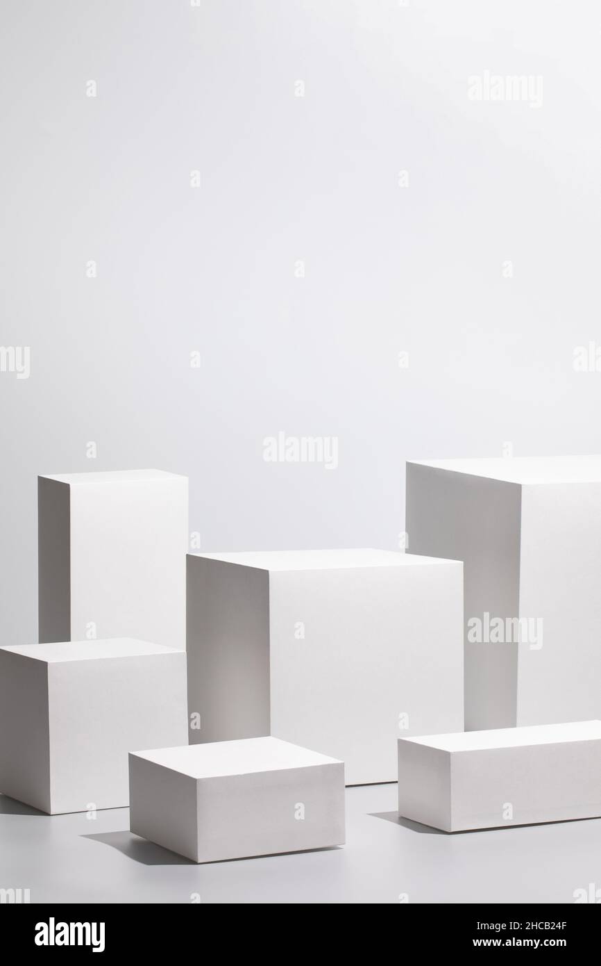 scene with six rectangle podiums on gray background Stock Photo