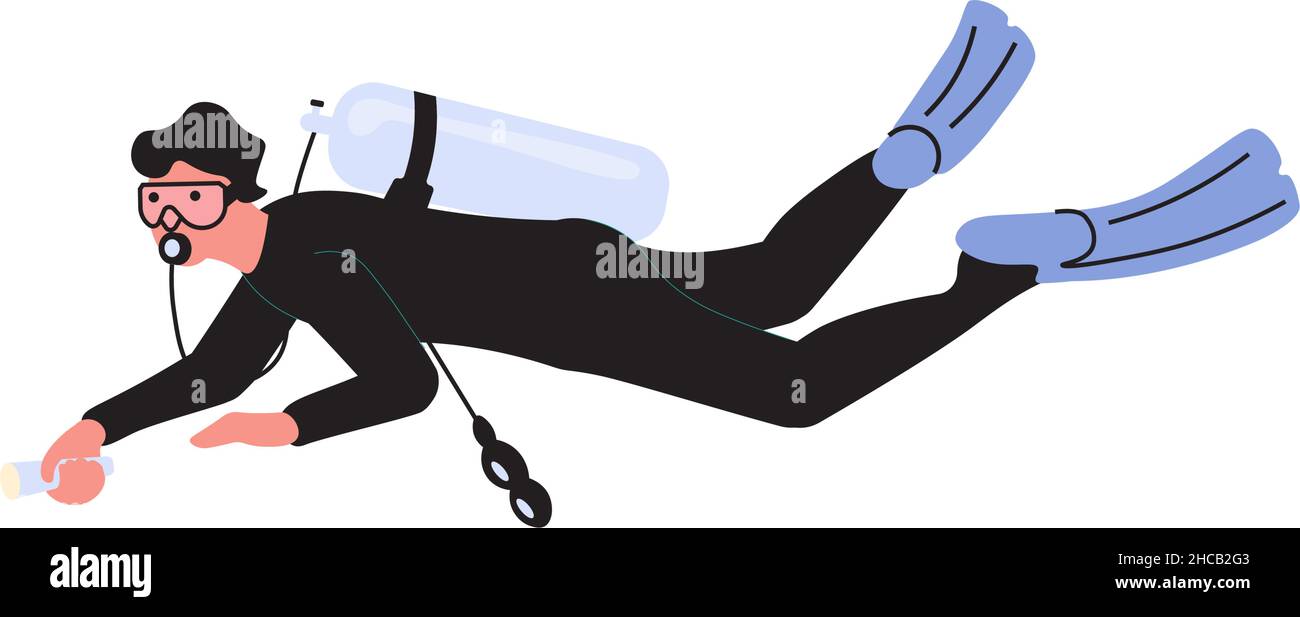 Male scuba diver with diving equipment isolated on white background. Flat Art Vector