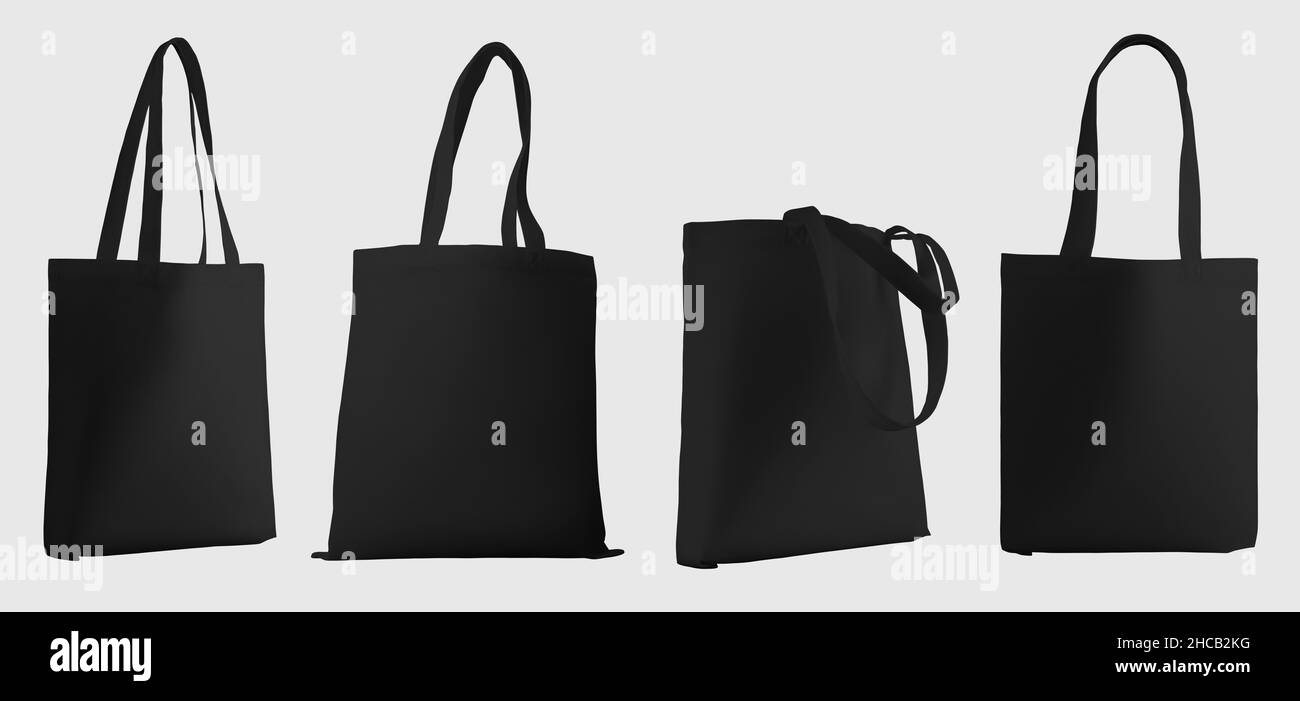 Mockup of black totebag, 3d rendering, isolated on white background. Eco bag template with handle for retail, products. Ecological sack for advertisin Stock Photo