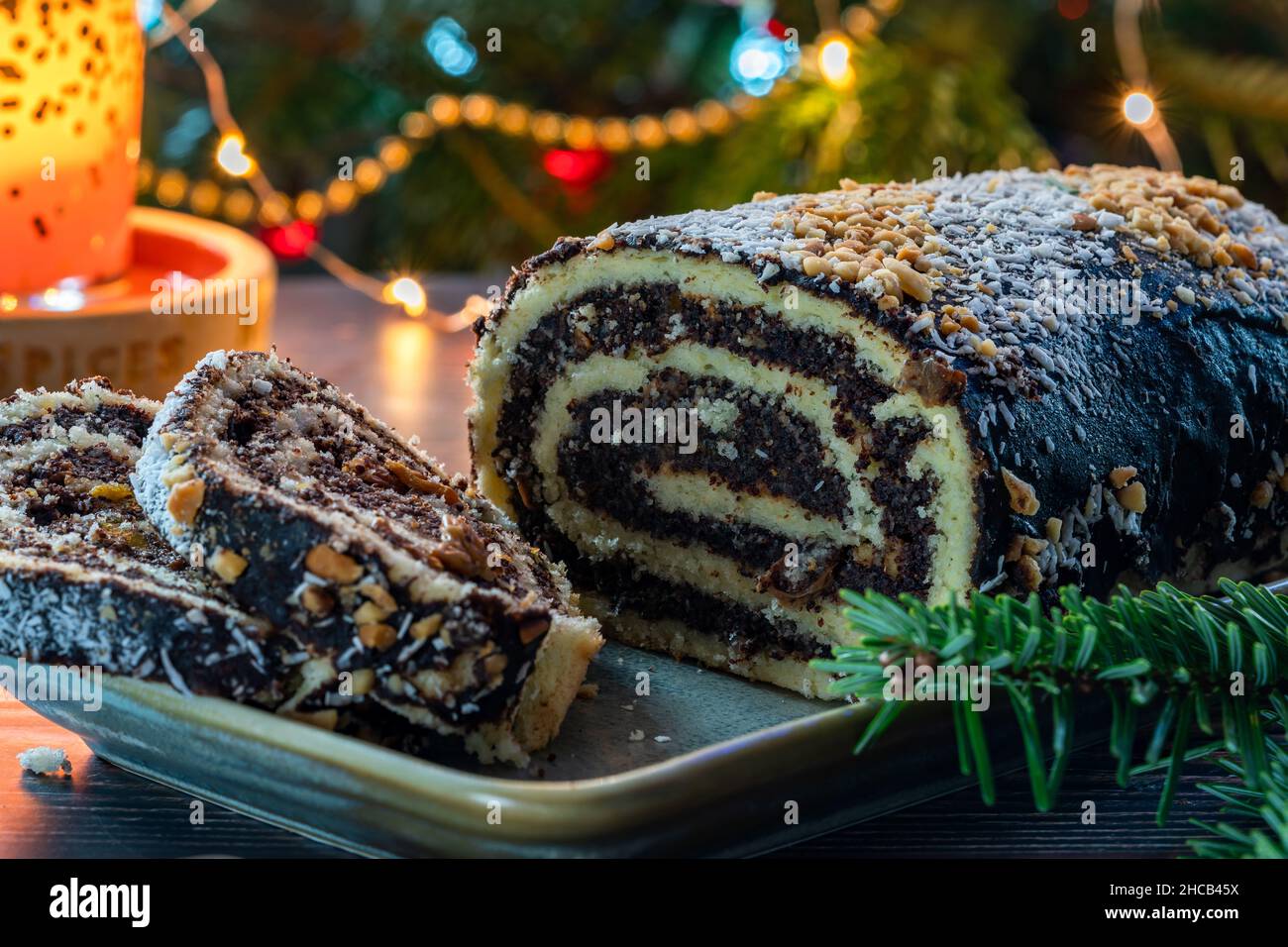 Makowiec traditional Polish Christmas poppy seed cake with nuts Stock