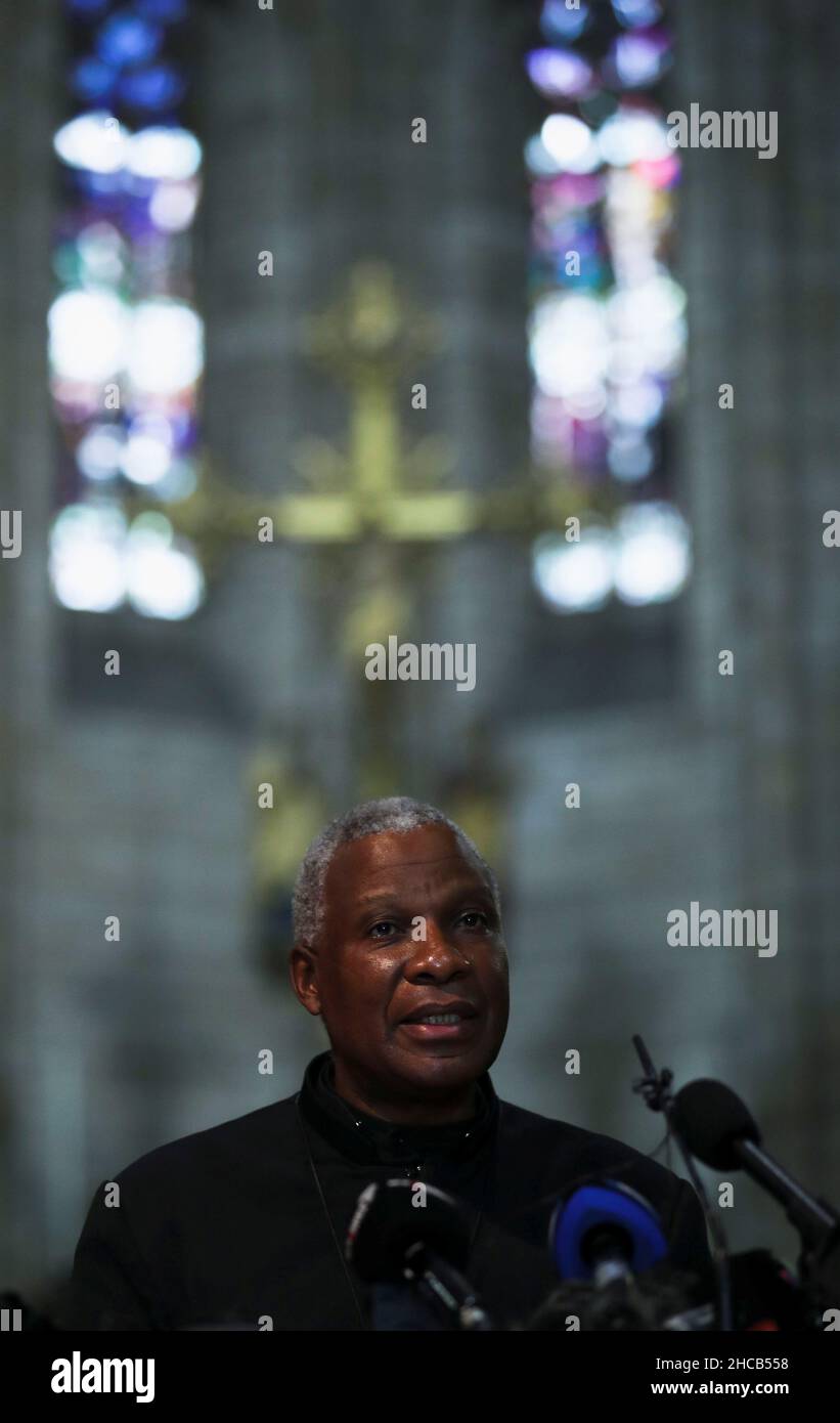 Archbishop of Cape Town Thabo Makgoba addresses a media briefing on funeral arrangements for late Archbishop Desmond Tutu, at St George's Cathedral in Cape Town, South Africa, December 27, 2021. REUTERS/Mike Hutchings Stock Photo