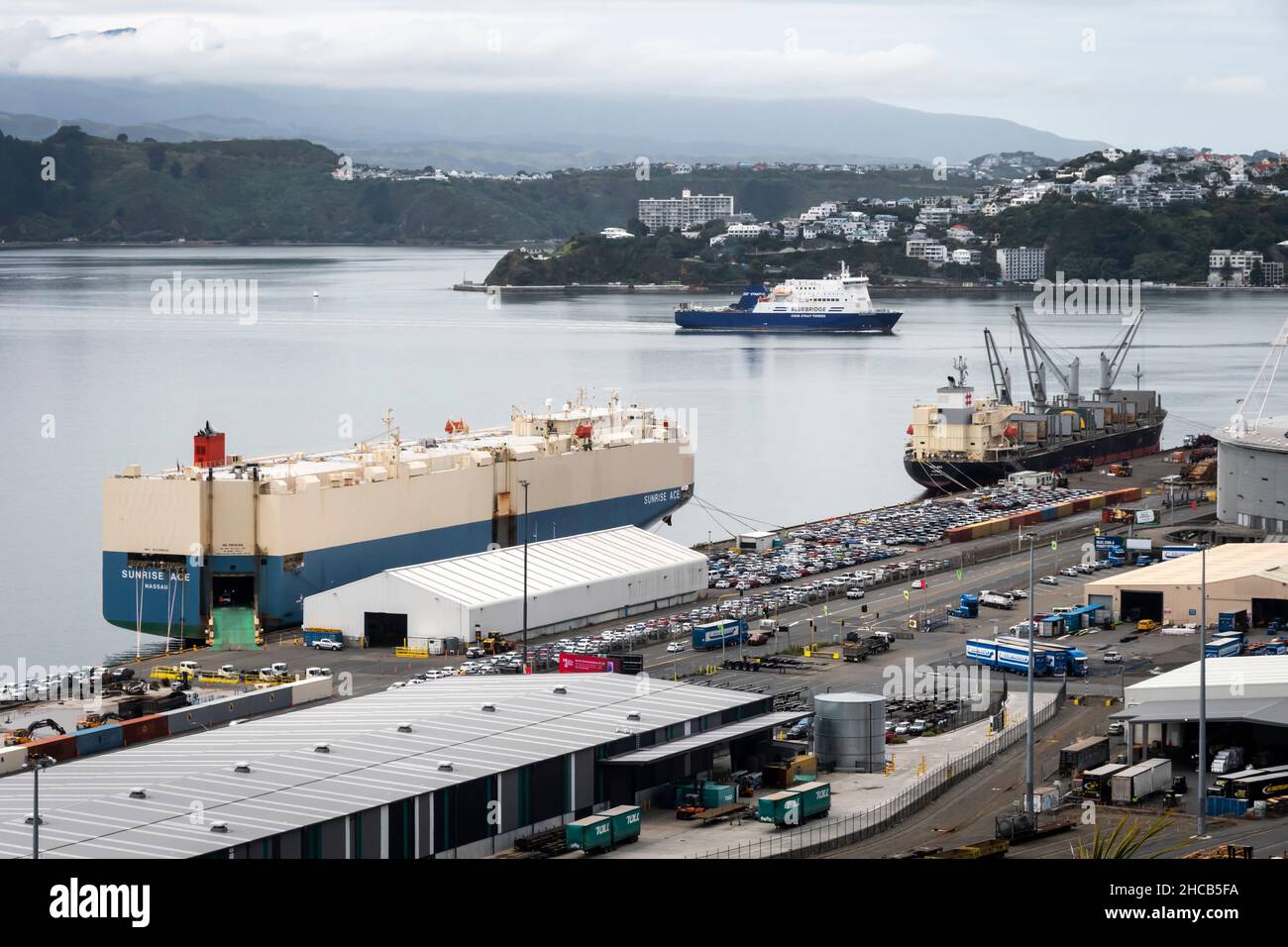 Ships in Wellington harbour, Wellington, North Island, New Zealand Stock Photo