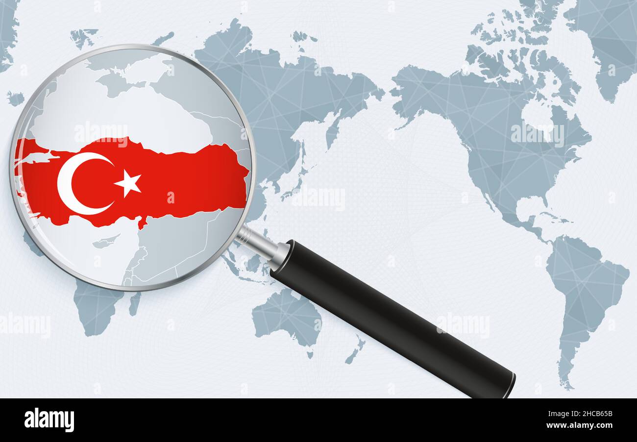 Asia centered world map with magnified glass on Turkey. Focus on map of Turkey on Pacific-centric World Map. Vector illustration. Stock Vector