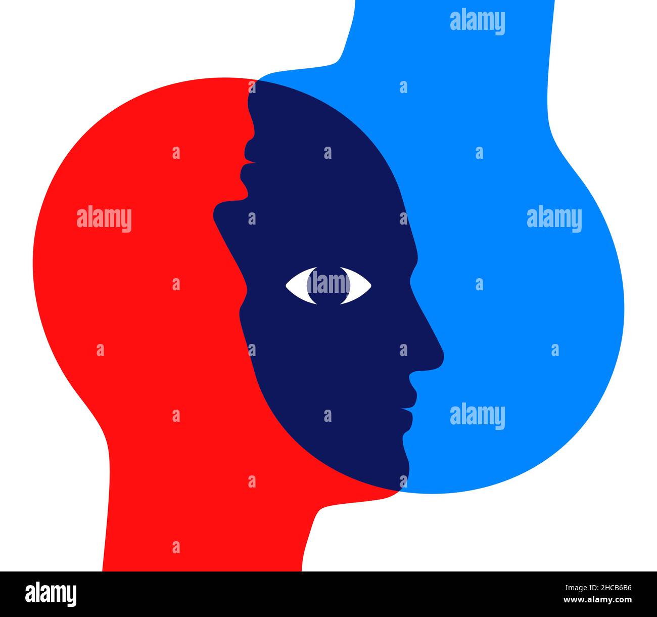 Two overlapping man heads, looking through each other, upside down, with one shared eye. Psychological concept vector illustration. Stock Vector