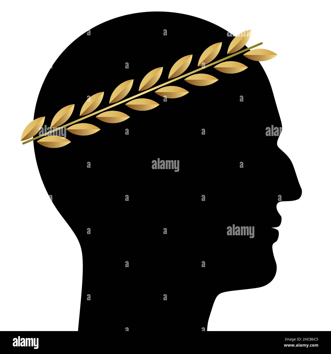 Black silhouette portrait of a leader or winner man, with golden laurel crown, isolated on white background. Ancient Greece or Roman emperor, caesar, ruler, or king vector portrait. Stock Vector