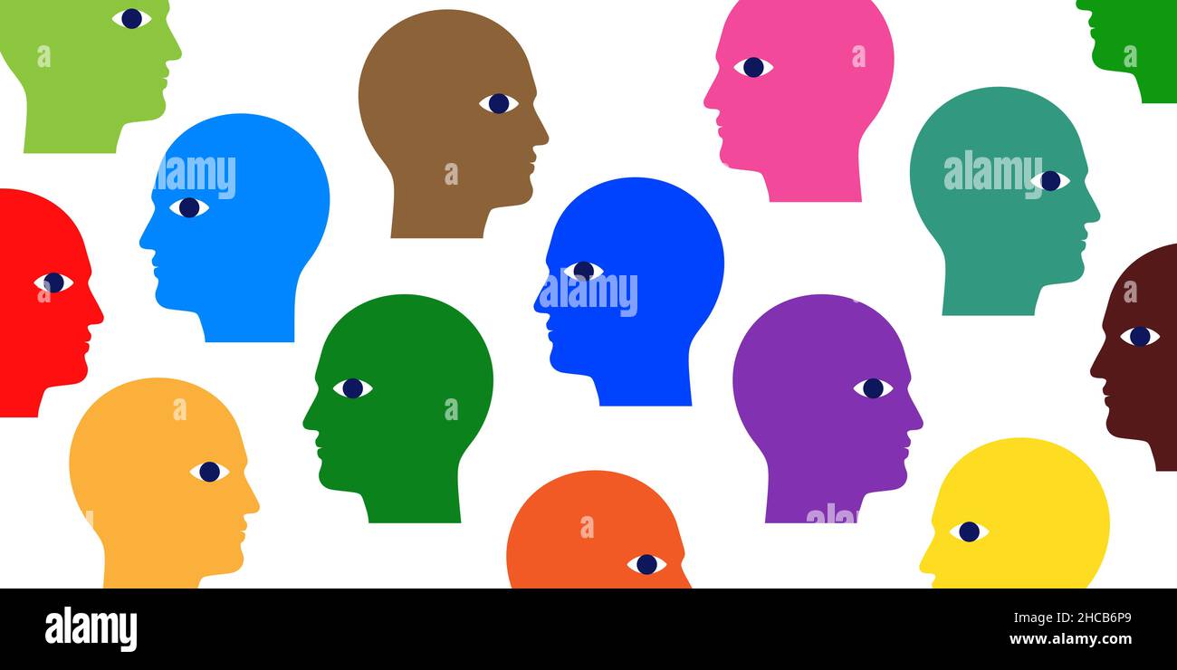 Civil society structure concept vector illustration, with colorful men heads scattered on a white background. Stock Vector