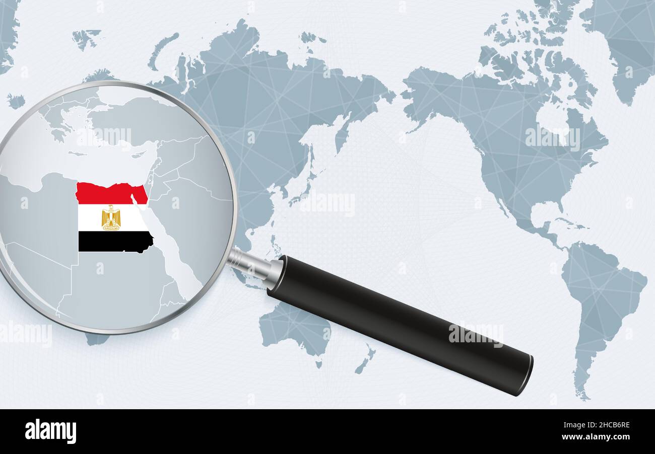 Asia centered world map with magnified glass on Egypt. Focus on map of Egypt on Pacific-centric World Map. Vector illustration. Stock Vector
