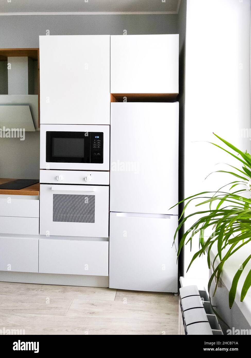 White kitchen Scandinavian interior with fridge, oven and microwave ...