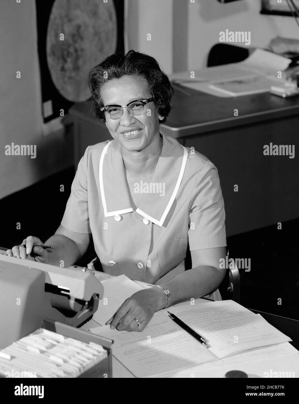 Katherine Johnson At Her Desk at NASA Langley Research Center 1966-09-08 Stock Photo