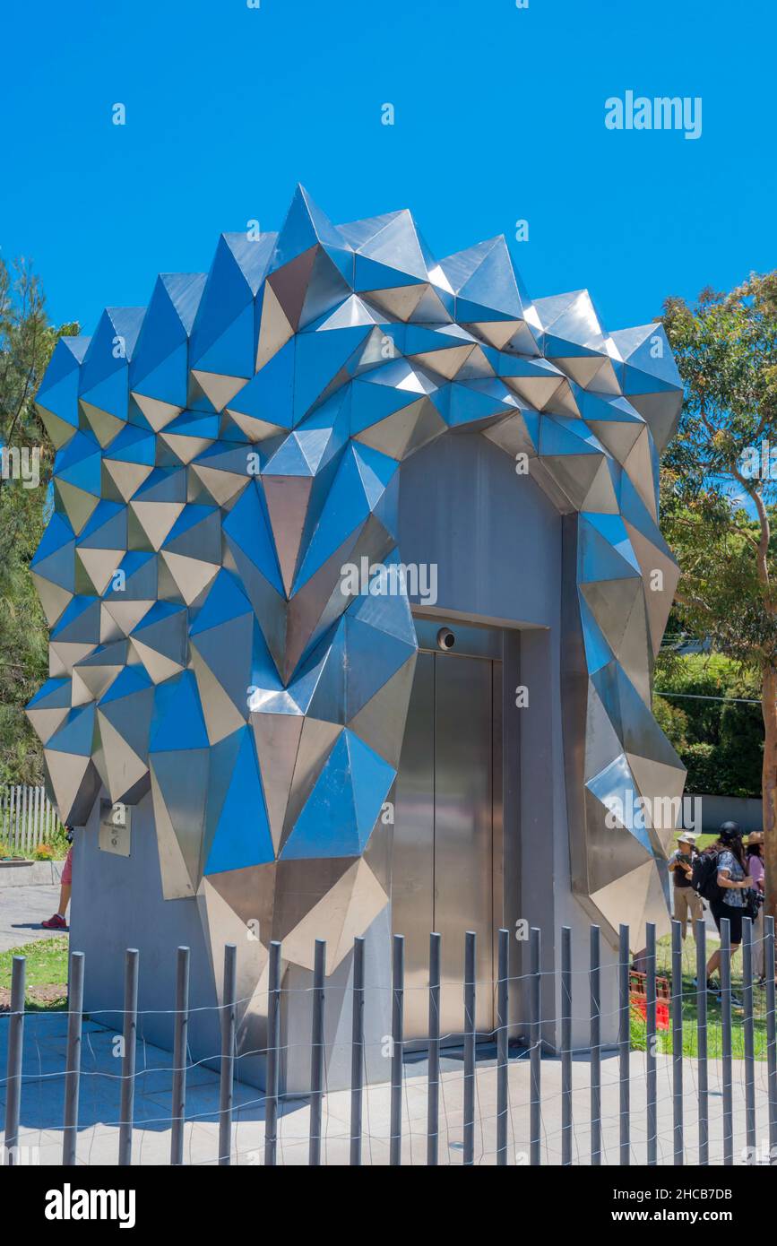 Exoskeleton Lift in Willoughby, Sydney, beside the Walter Burley Griffin Incinerator, is an art piece by the famed Australian artist, Richard Goodwin Stock Photo