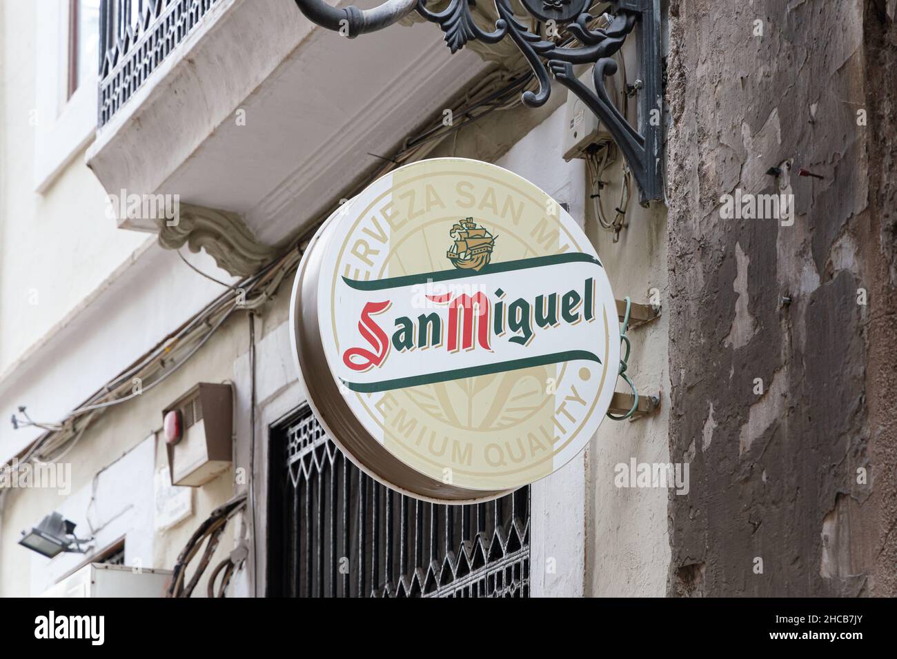 VALENCIA, SPAIN - DECEMBER 26, 2021: San Miguel is a Spanish brewing company based in Malaga, Andalucia, Spain Stock Photo