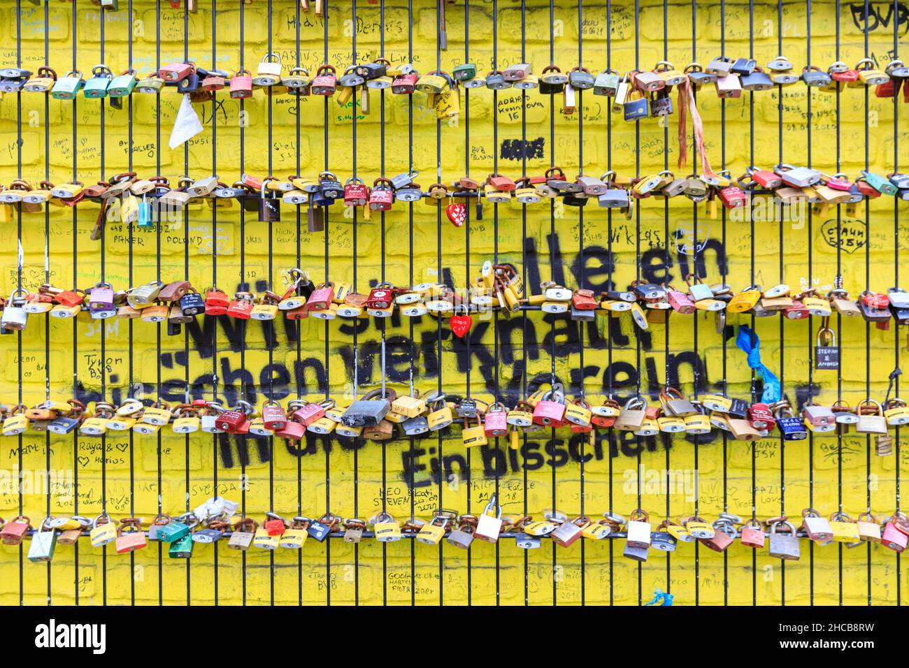 Love locks at the 'Echte Liebe' (true love) fan wall also called 'wall of love' at Signal Iduna Park, Borussia Dortmund BVB09 football club stadium, G Stock Photo
