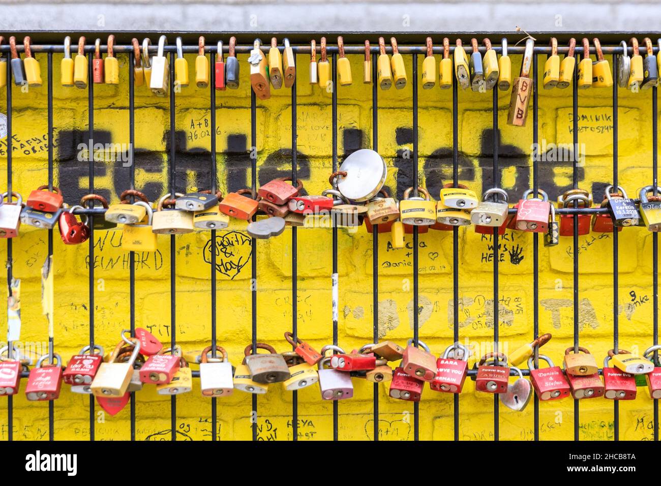 Love locks at the 'Echte Liebe' (true love) fan wall also called 'wall of love' at Signal Iduna Park, Borussia Dortmund BVB09 football club stadium, G Stock Photo