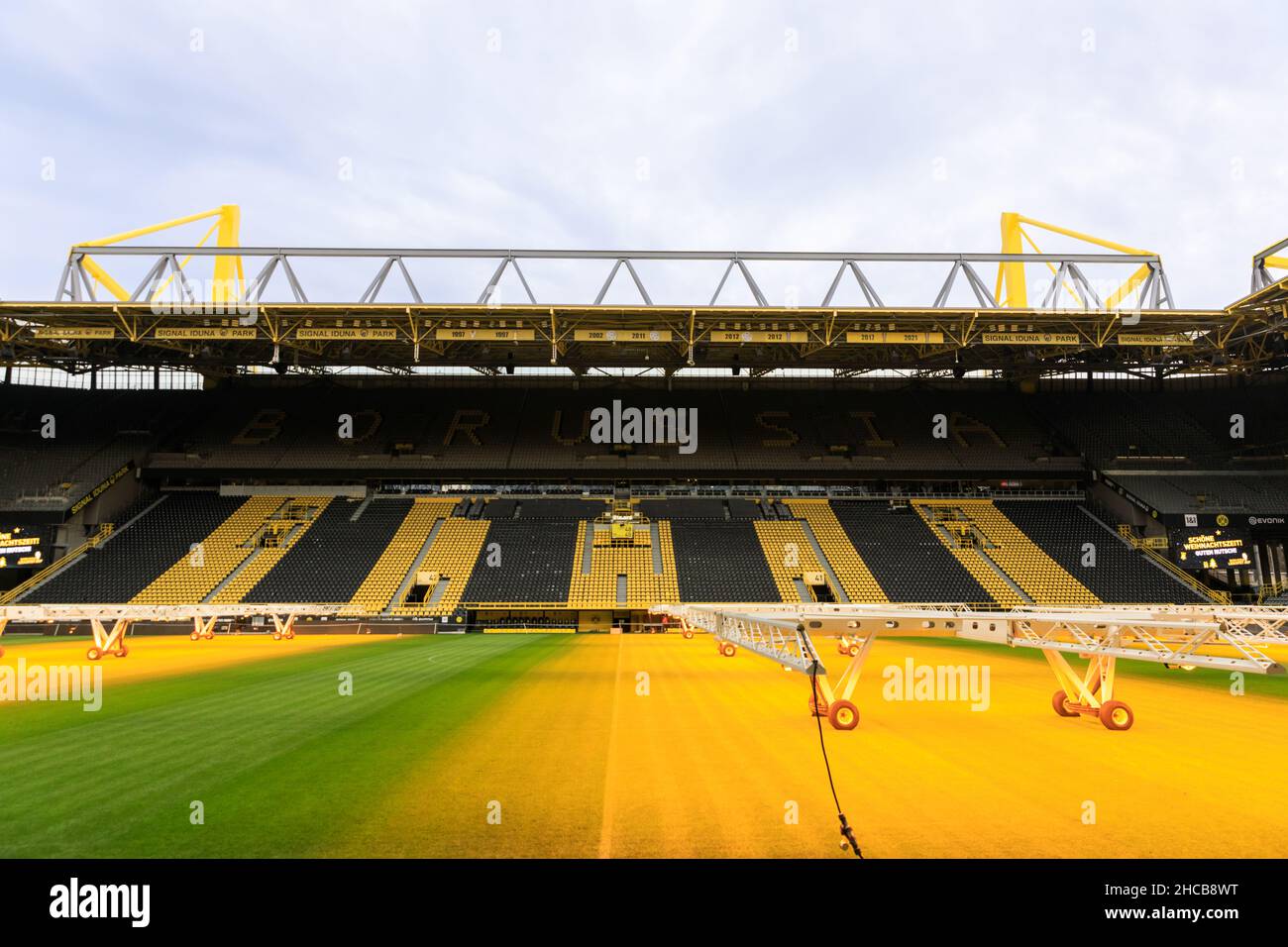 Empty Borussia Dortmund BVB 09 football stadium, soccer arena during maintenance, Signal Iduna Park, Germany Stock Photo