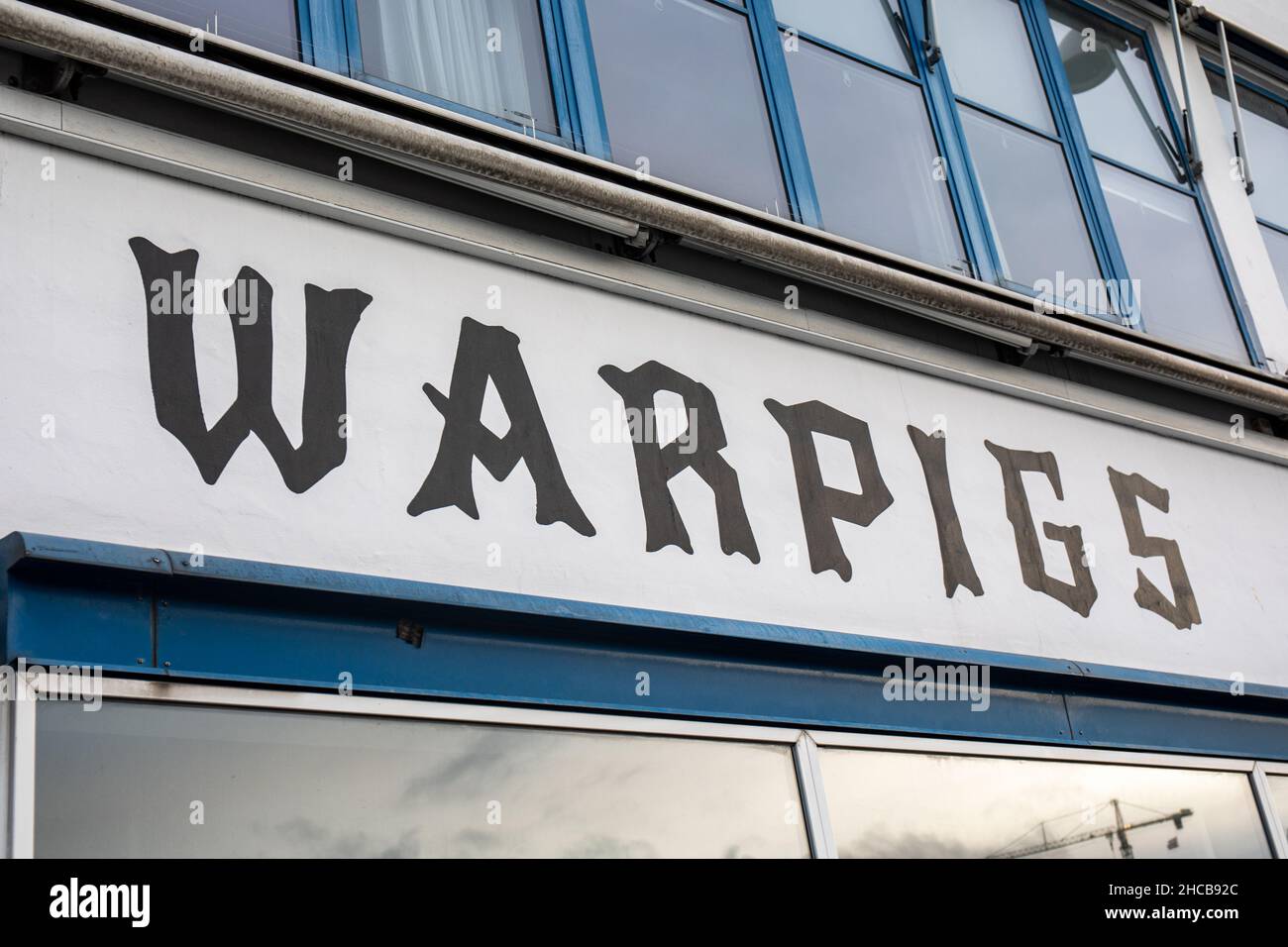 Sign over Warpigs brewpub entrance in Kødbyen district of Copenhagen, Denmark Stock Photo