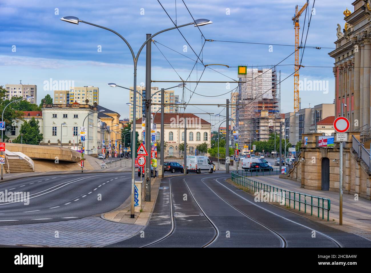 City of Potsdam in Germany, street and tramway on early morning in the city center. Stock Photo