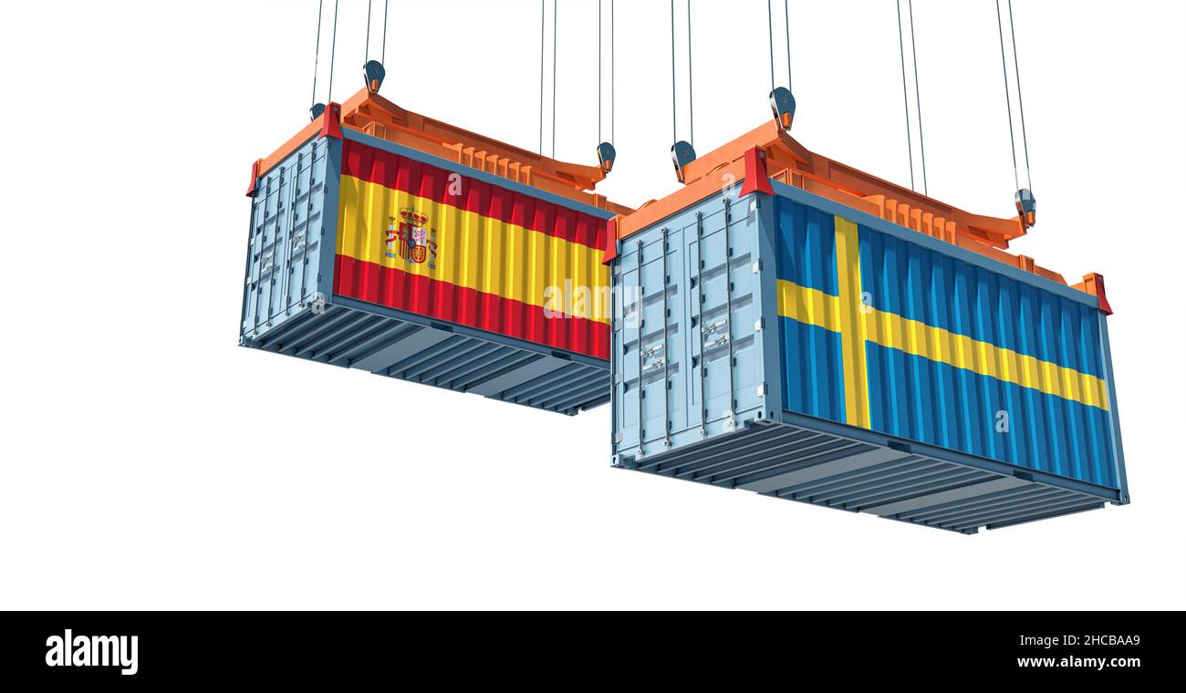 Freight containers with Spain and Sweden national flags. 3D Rendering Stock Photo