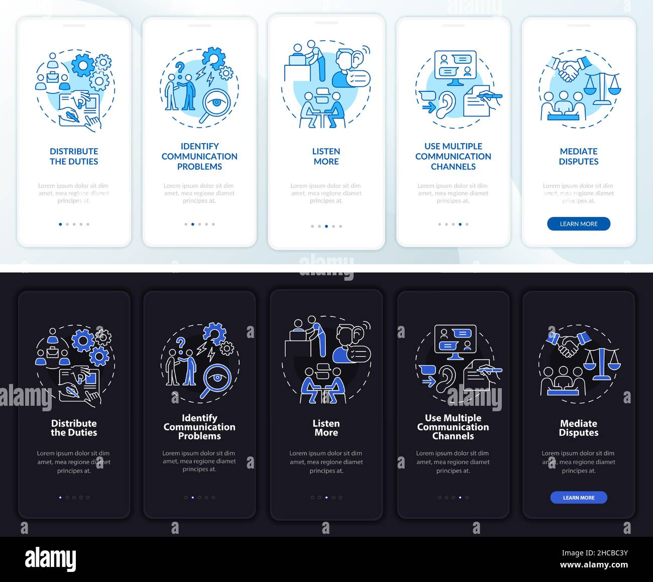 Improve teamwork night and day mode onboarding mobile app screen Stock ...
