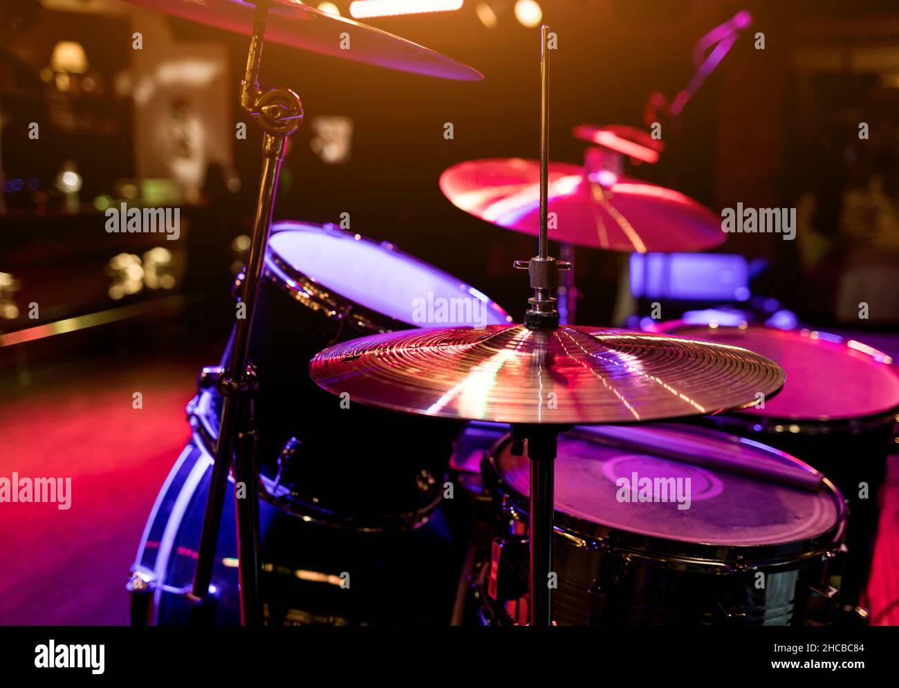Drums and drum set. Beautiful special effects of lighting. Musical