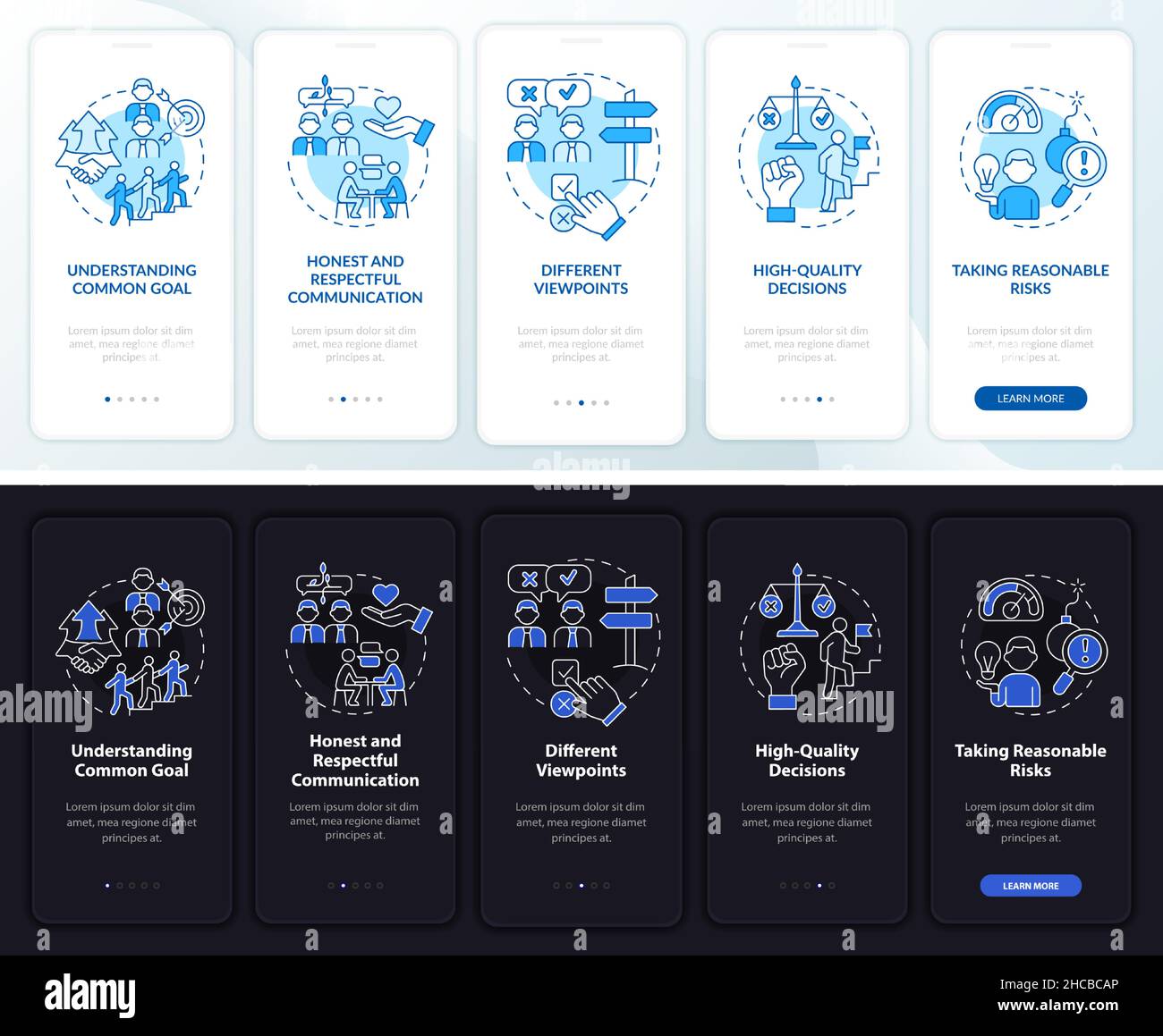 Teamwork tips night and day mode onboarding mobile app screen Stock ...