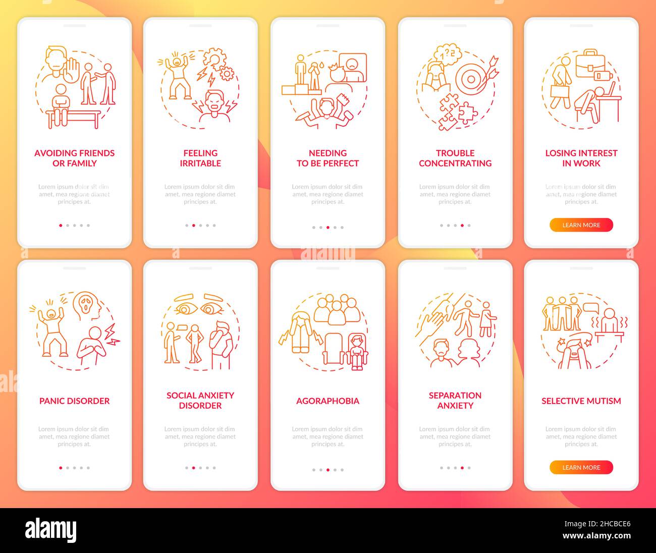 Anxiety disorder red gradient onboarding mobile app screen set Stock Vector