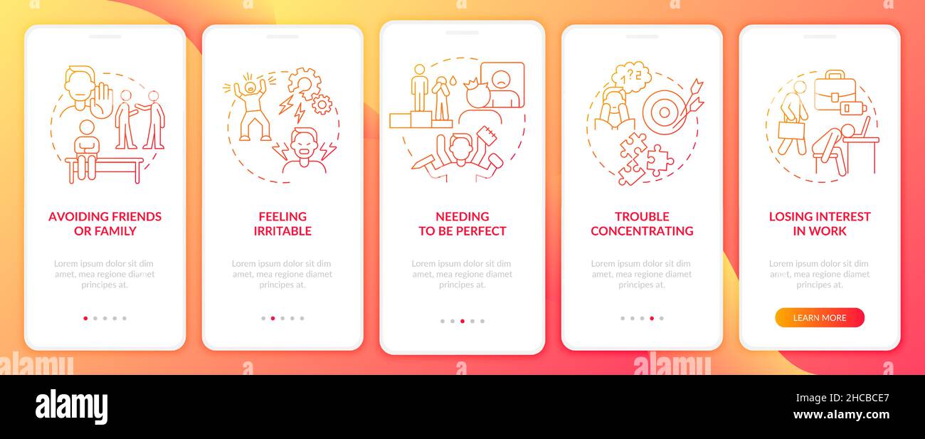 Workplace anxiety red gradient onboarding mobile app screen Stock Vector