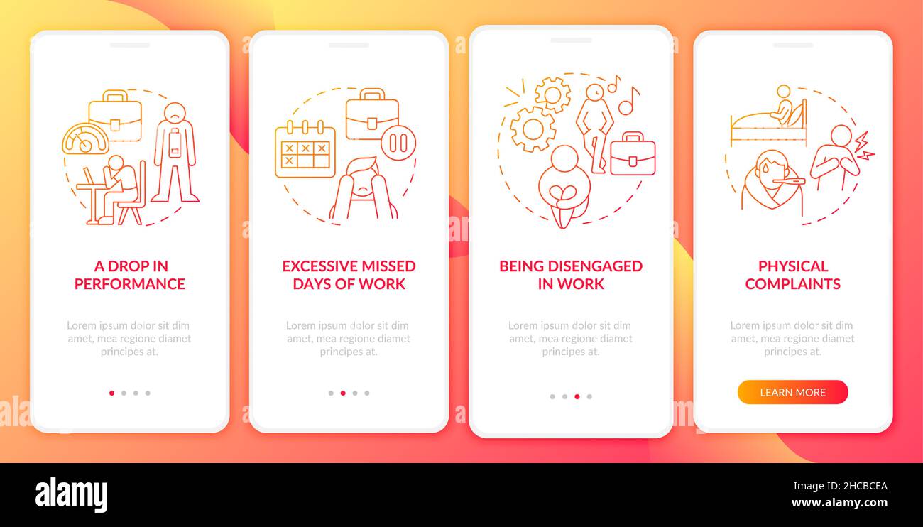 Workplace anxiety reasons red gradient onboarding mobile app screen Stock Vector
