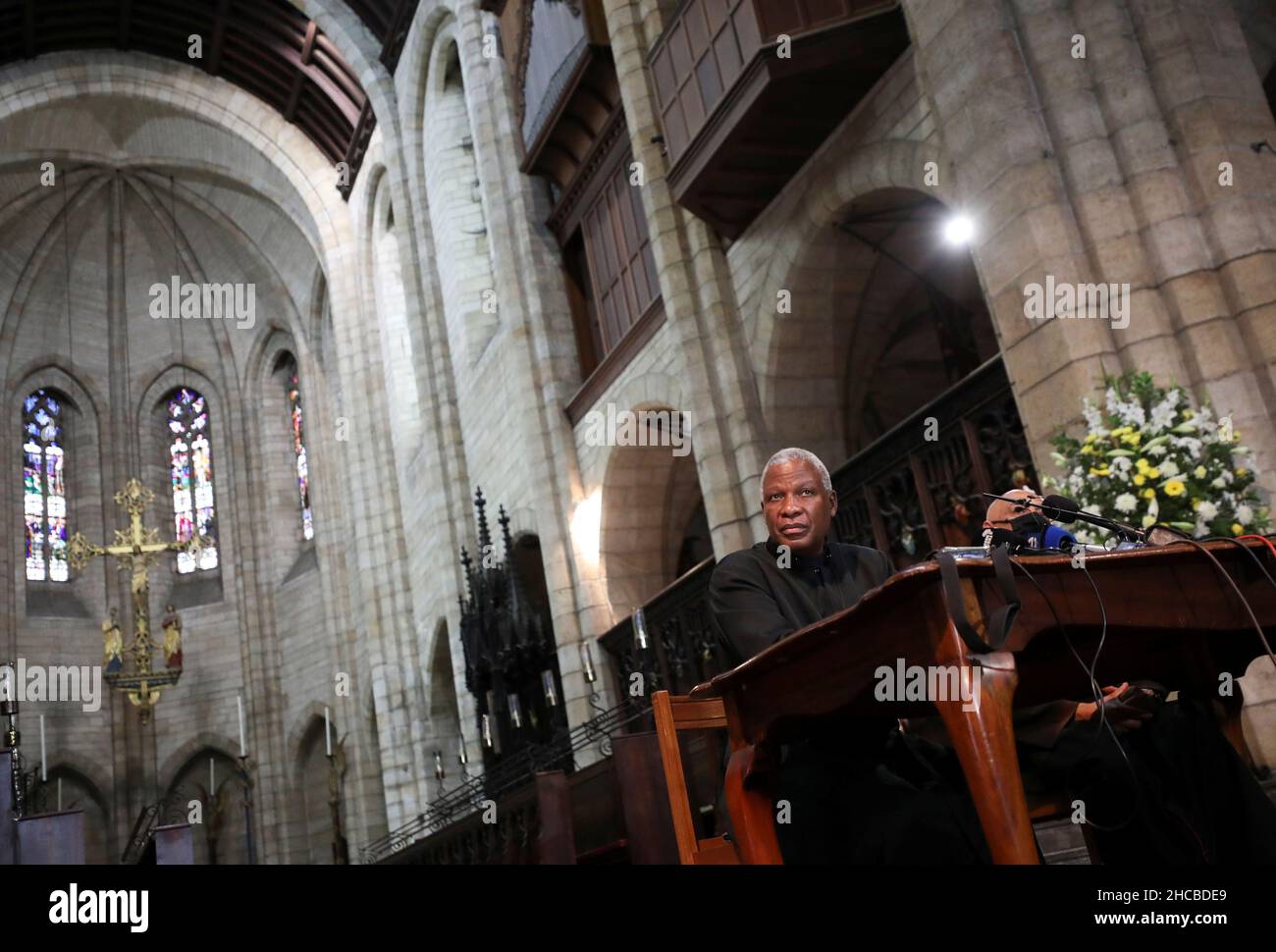 Archbishop of Cape Town Thabo Makgoba addresses a media briefing on funeral for late Archbishop Desmond Tutu, at St George's Cathedral in Cape Town, South Africa, December 27, 2021. REUTERS/Mike Hutchings Stock Photo