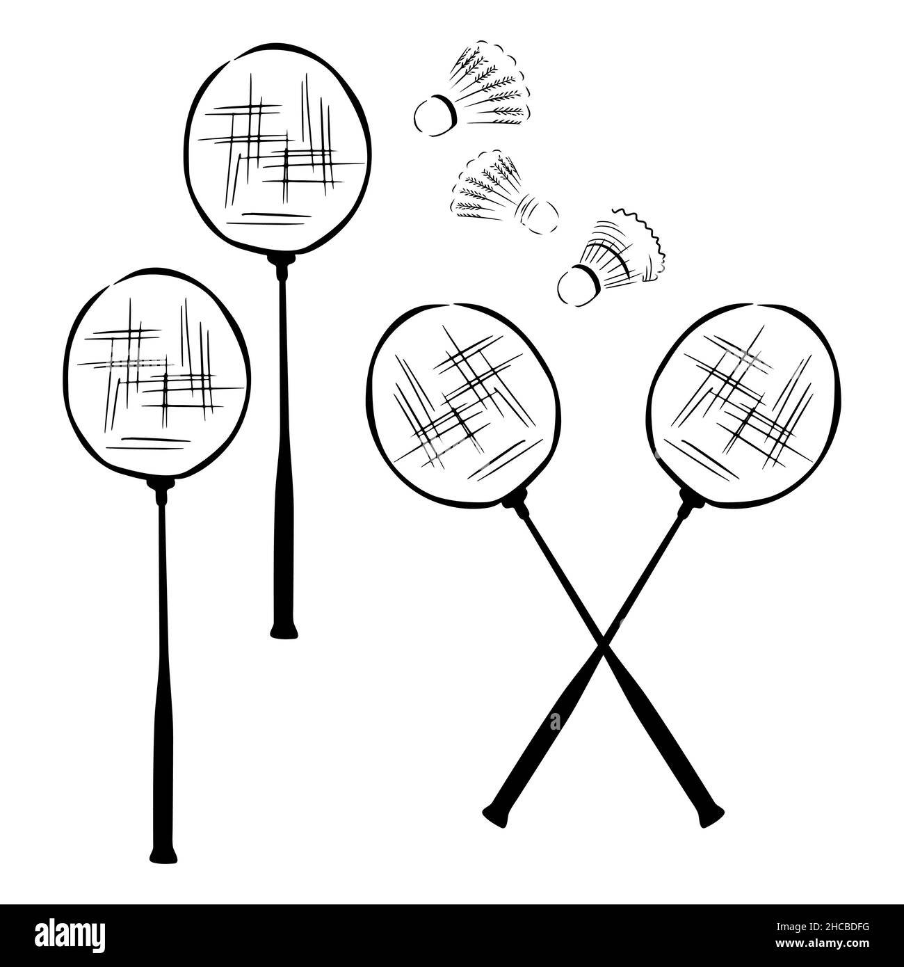 Badminton set . Hand drawn vector illustrations. Stock Vector