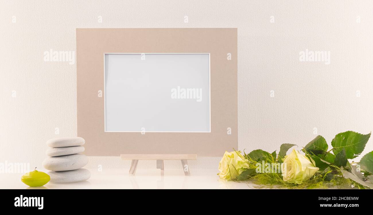 Empty photo frame to write a message, invitation, wishes, photography. Stock Photo