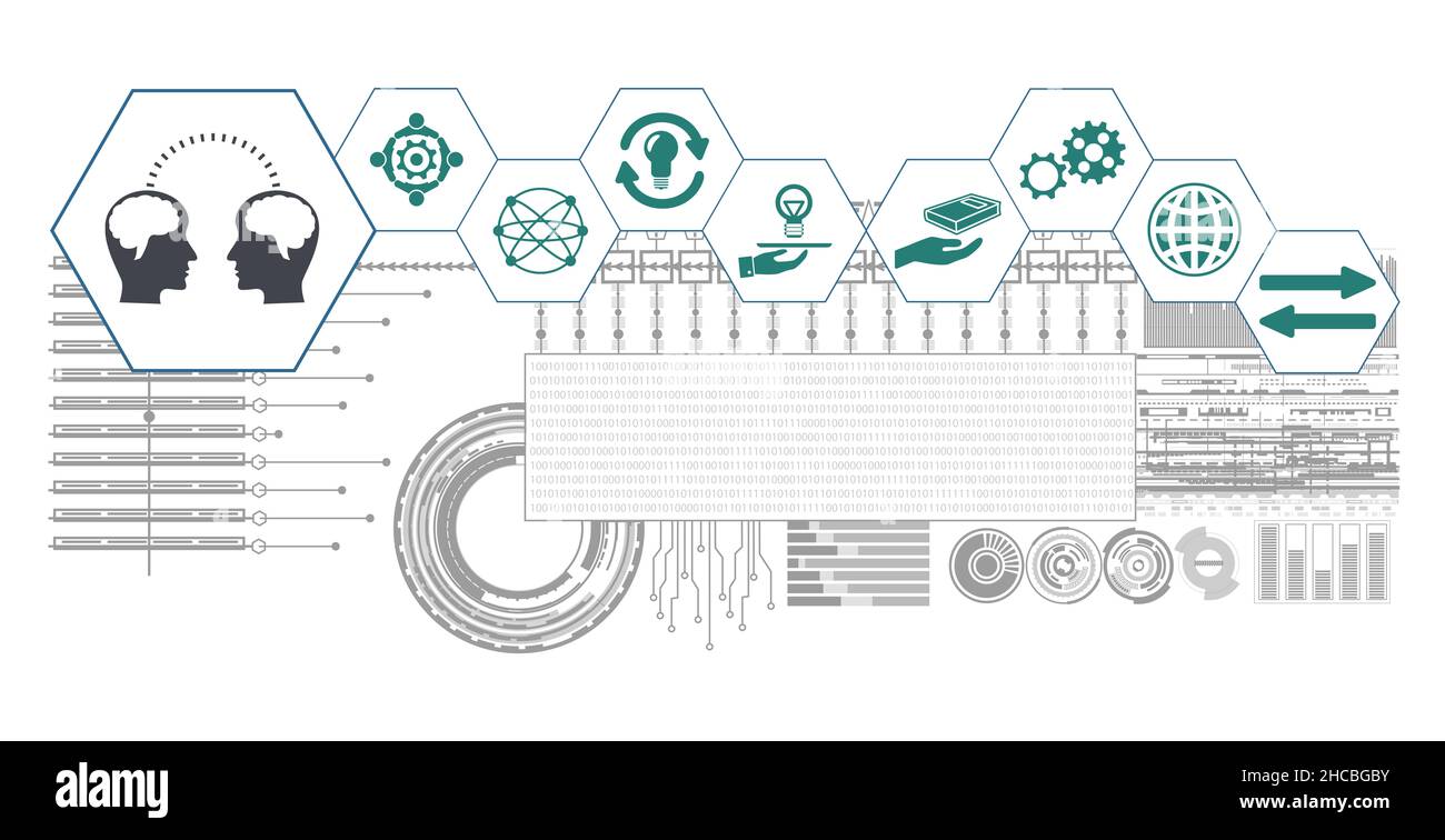 Concept of knowledge sharing with connected icons Stock Photo - Alamy