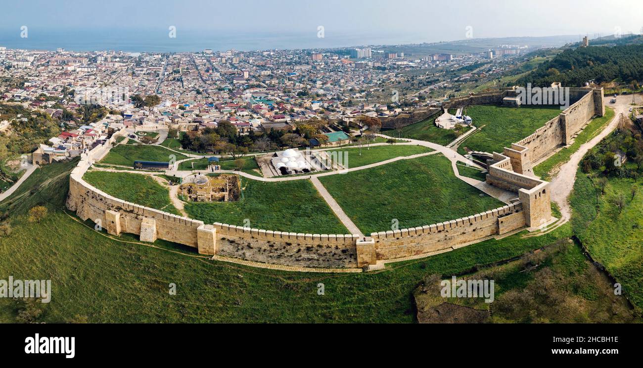 Russia, Dagestan, Derbent, Aerial panorama of ancient fortifications of Derbent Stock Photo