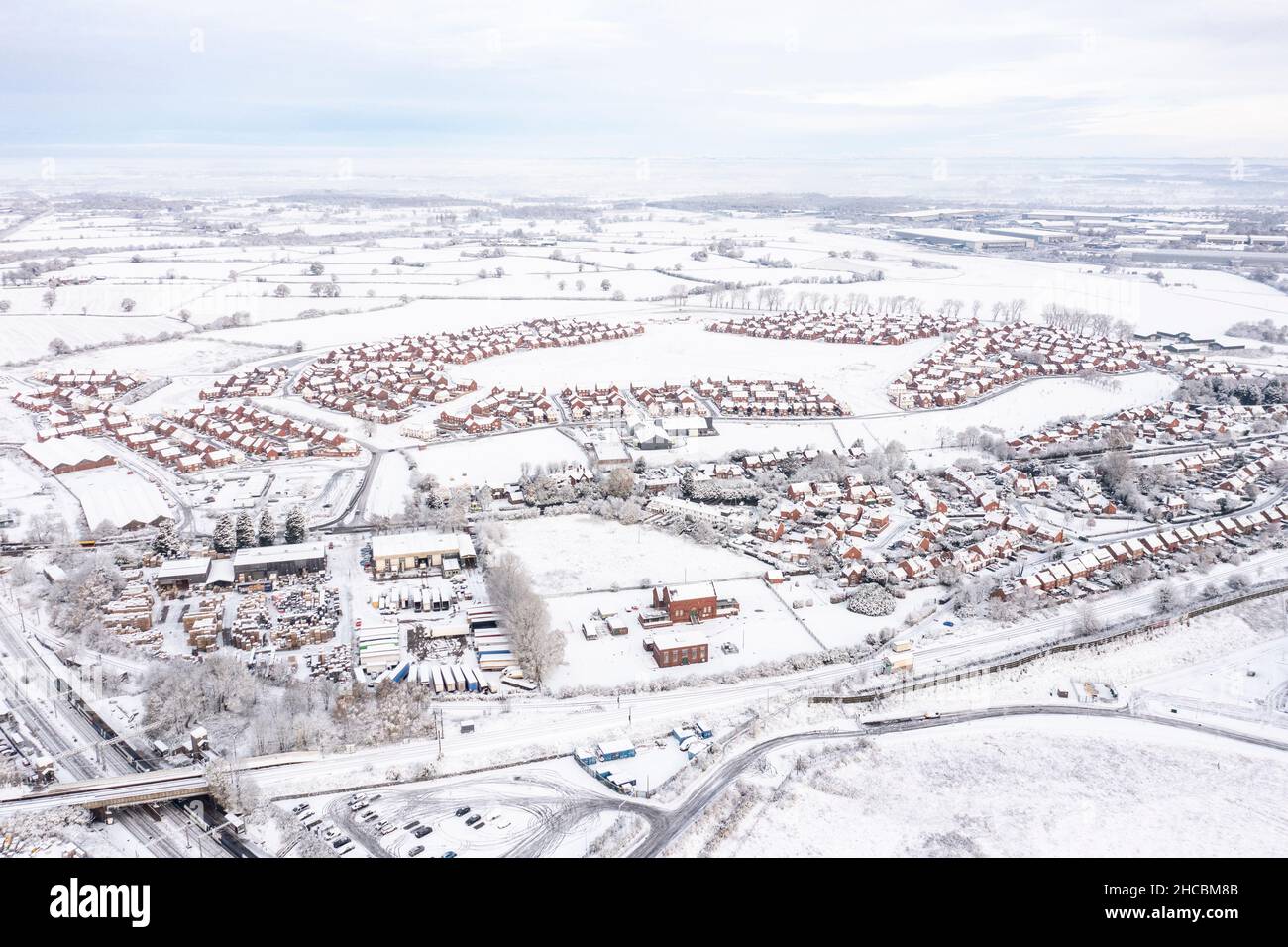 UK, England, Lichfield, Aerial view of snow-covered suburb Stock Photo