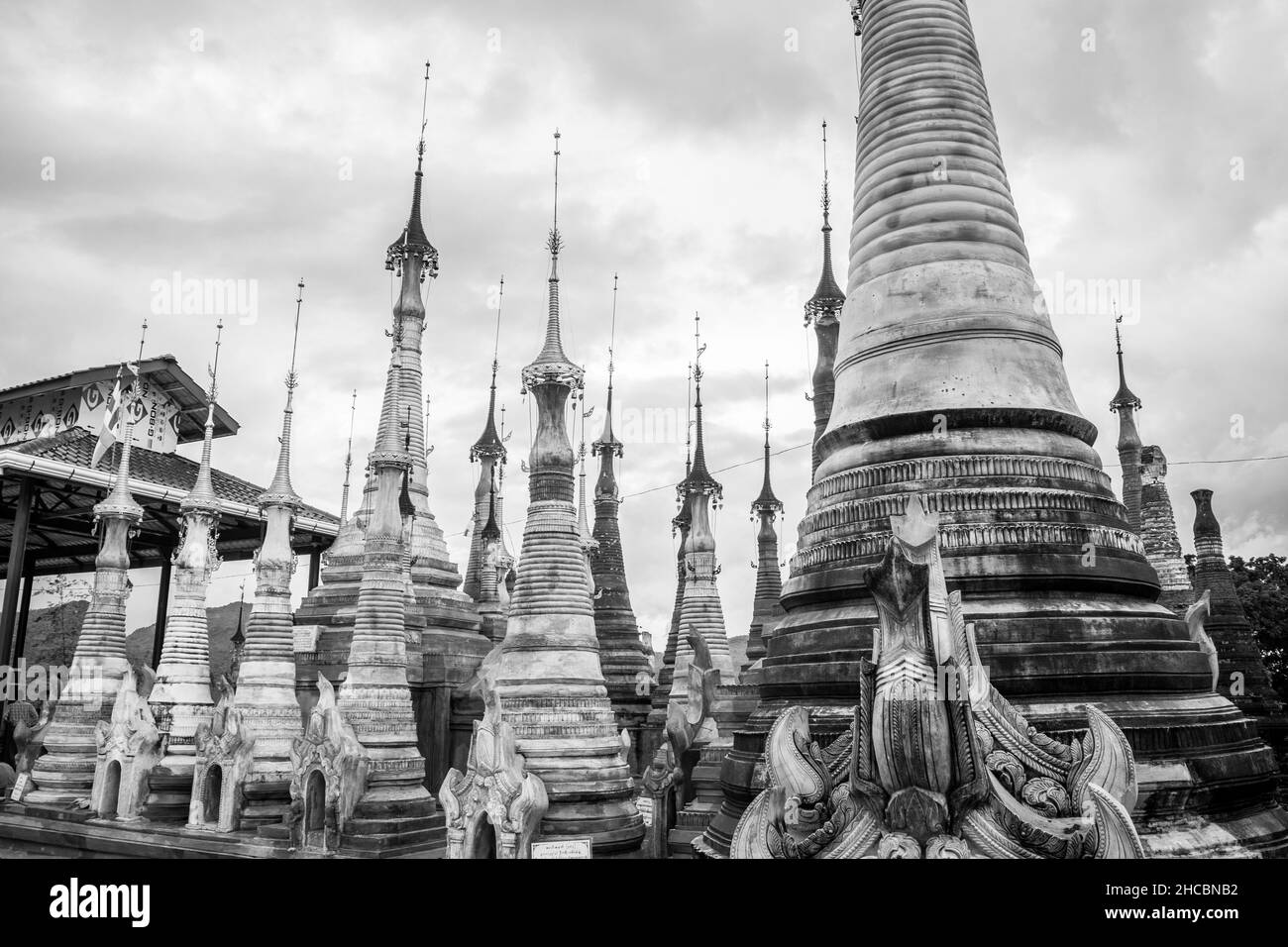 Ruins and remains of ancient Buddhist pagodas and stupas at Indein Village at Inle Lake Myamar Stock Photo