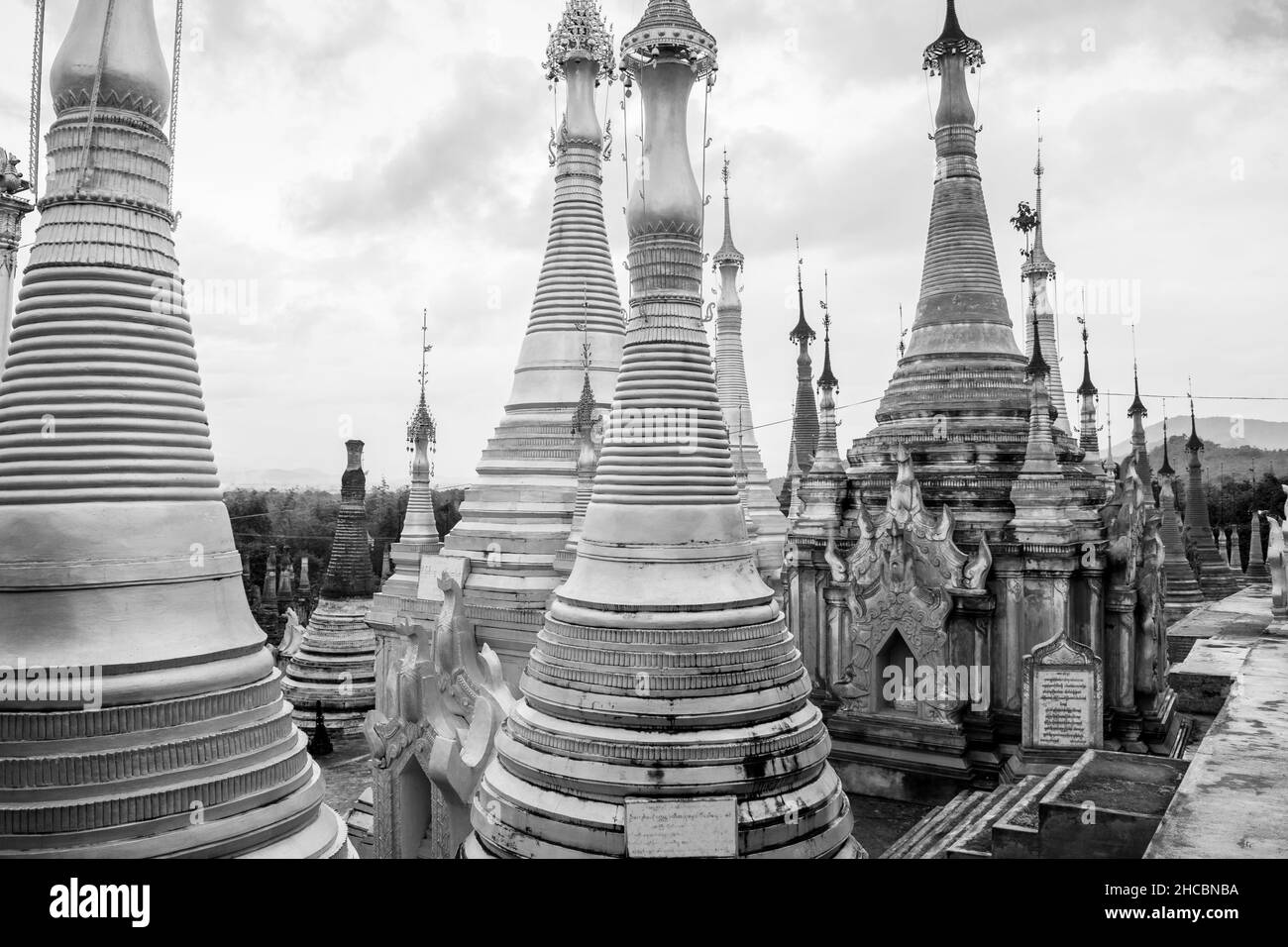 Ruins and remains of ancient Buddhist pagodas and stupas at Indein Village at Inle Lake Myamar Stock Photo