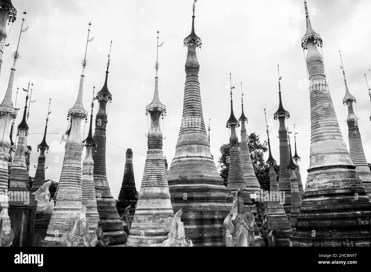 Ruins and remains of ancient Buddhist pagodas and stupas at Indein Village at Inle Lake Myamar Stock Photo