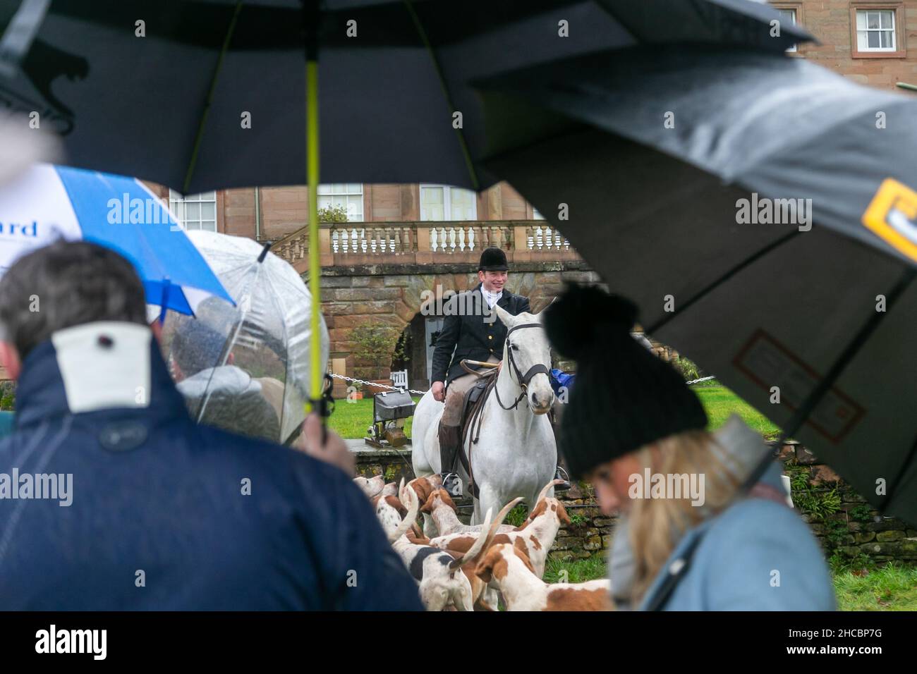 Hagley, Worcestershire, UK. 27th Dec, 2021. Horses and hounds gather with supporters in the rain for the first meet of the Albrighton and Woodland Hunt at Hagley Hall since the Coronavirus pandemic. The Albrighton and Woodland Hunt meet annually at Hagley Hall in Worcestershire. Credit: Peter Lopeman/Alamy Live News Stock Photo