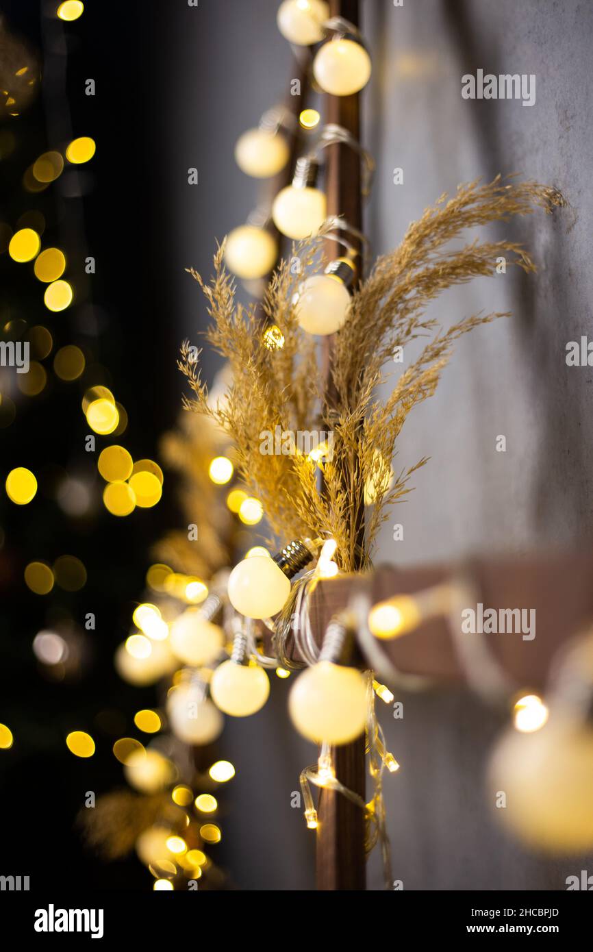Dried grass and glowing lights on a wall for Christmas with a blurry background and bokeh lights Stock Photo