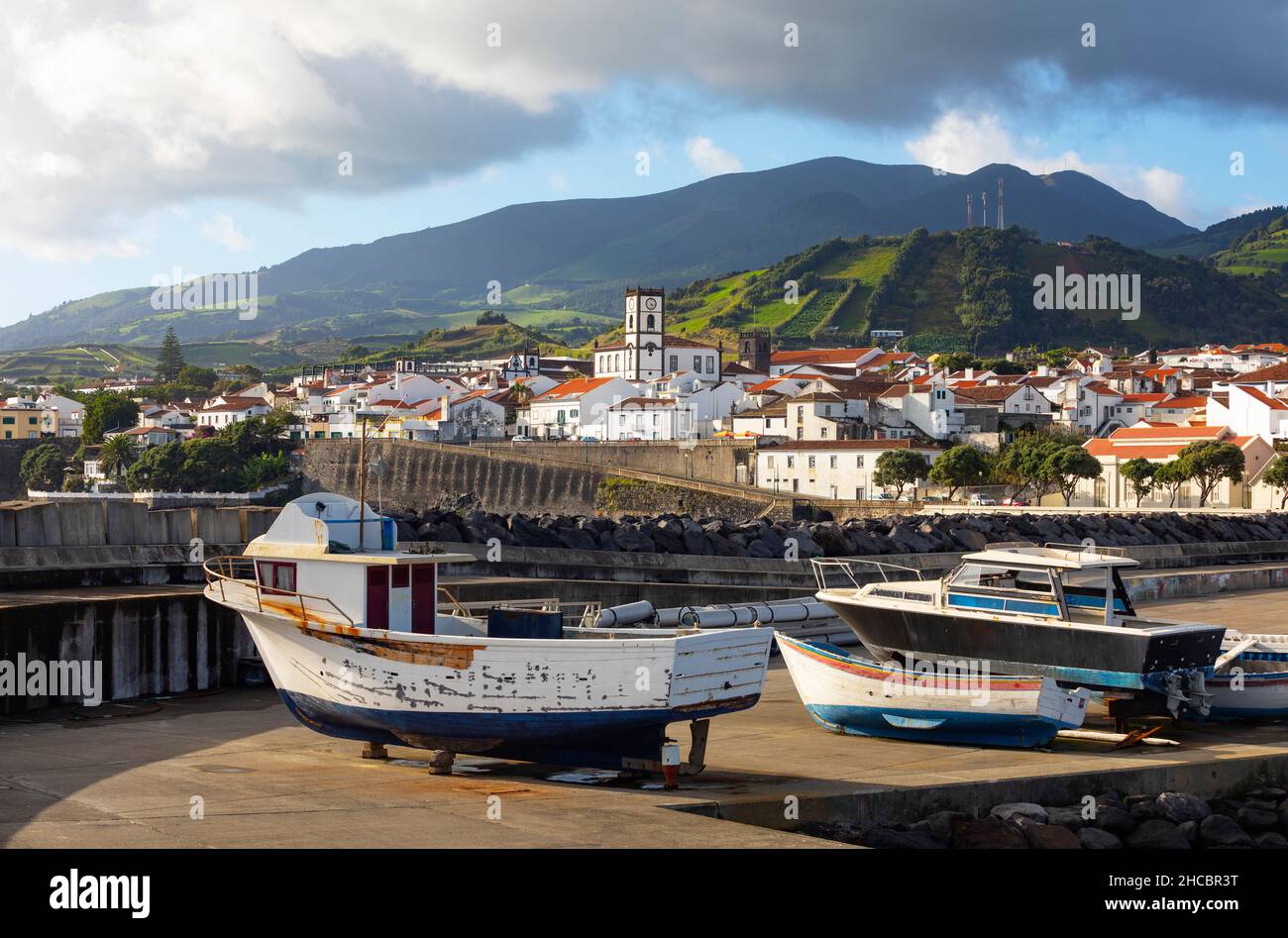 Portugal, Azores, Vila Franca do Campo, Boats in harbor of town on southern edge of Sao Miguel Island Stock Photo