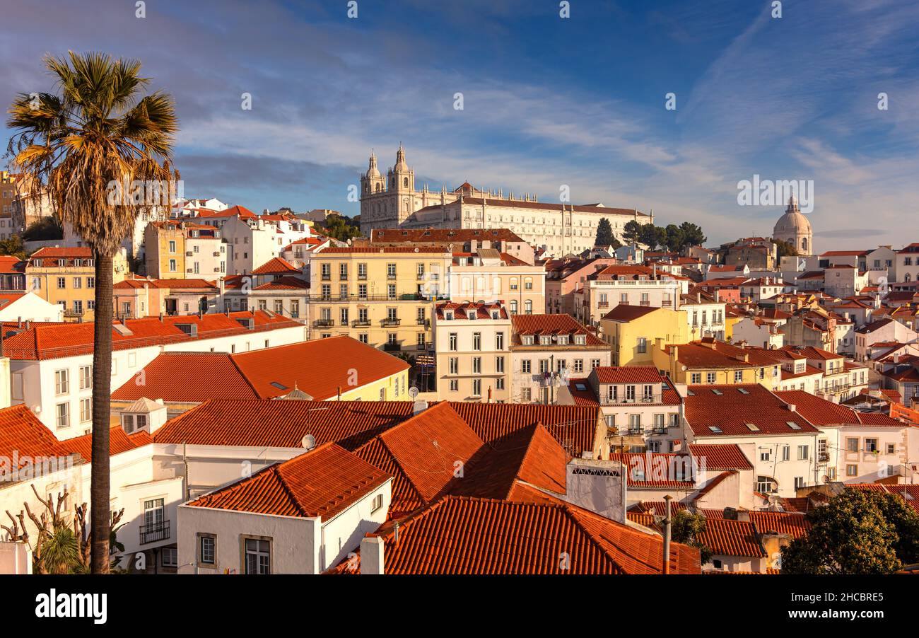 The Miradouro Portas do Sol is one of the most famous and attractive viewpoints in Lisbon. It looks out over the old Moorish district of the Alfama. Stock Photo
