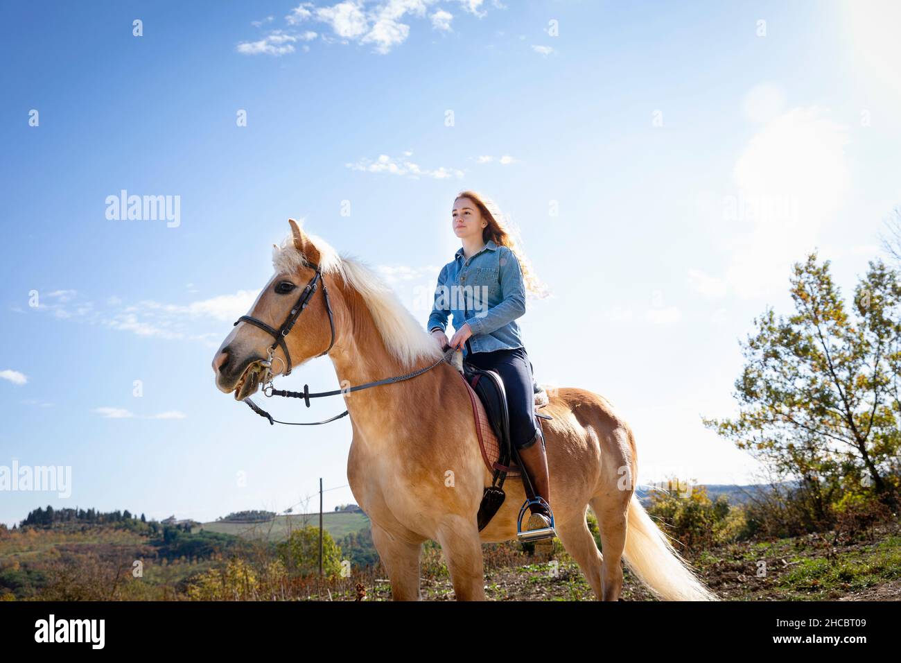 Woman horseback riding in front of sky on sunny day Stock Photo