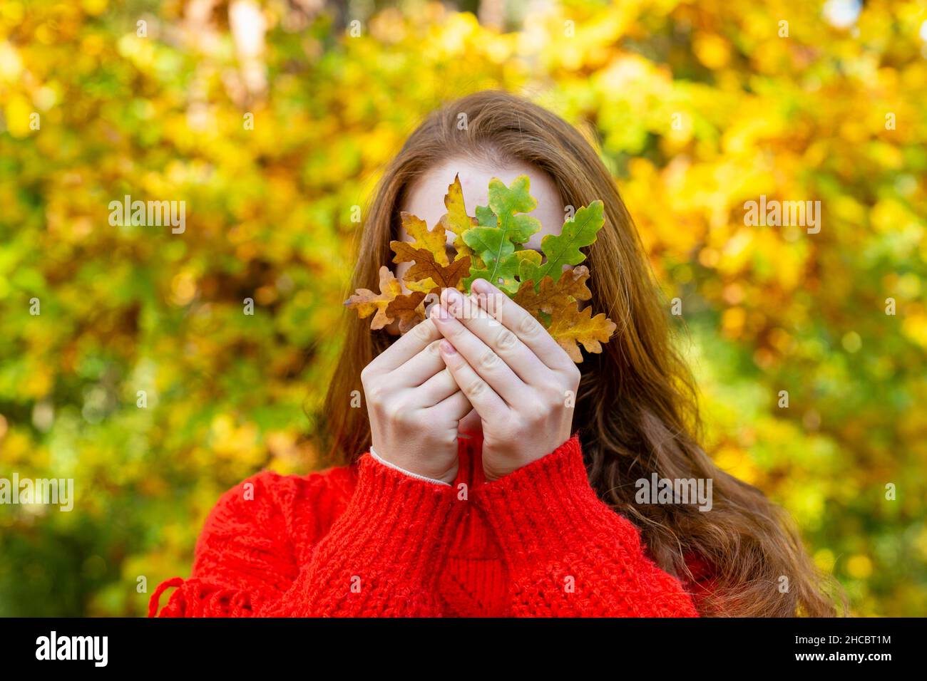 Redhead woman hiding face with autumn leaves in forest Stock Photo - Alamy