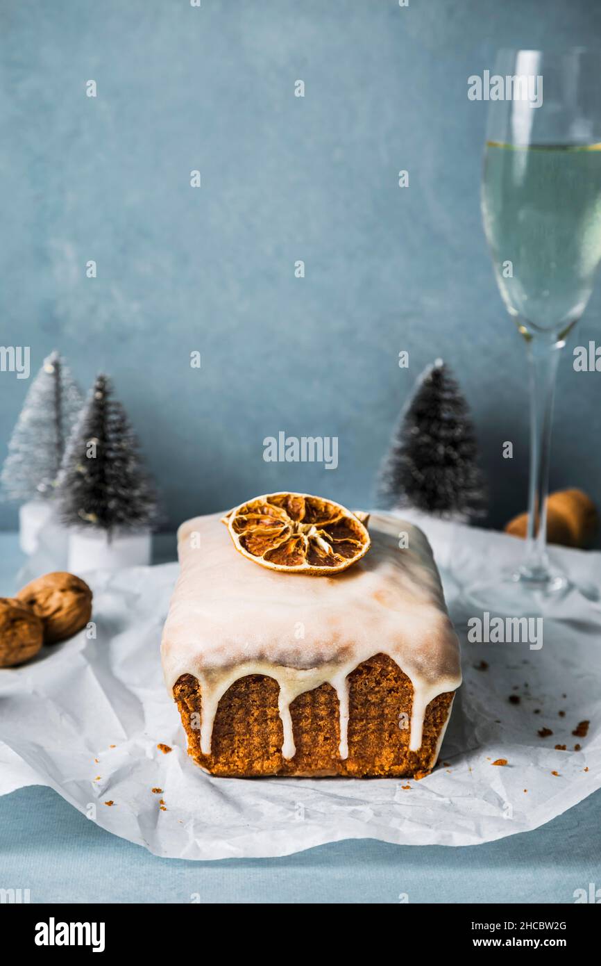 Christmas cookie tree with falling powdered sugar on table Stock Photo