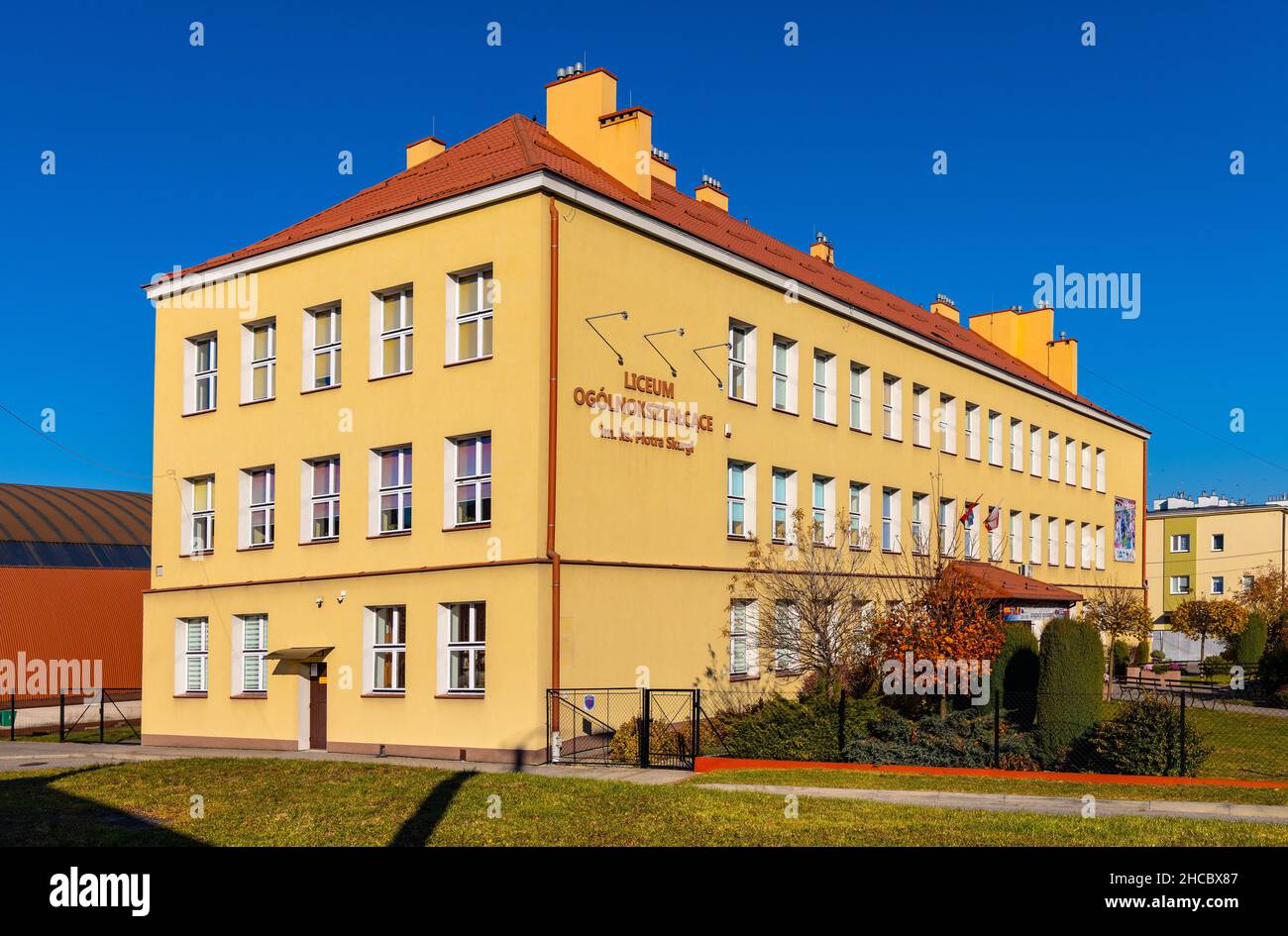 Sedziszow Malopolski, Poland - November 1, 2021: Historic High School Liceum Ogolnoksztalcace of Piotr Skarga building at Fabryczna street Stock Photo