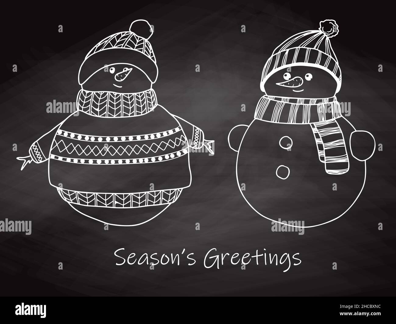 Two cute snowmen in warm clothes. Sketch snowmen isolated on a background. Stock Vector