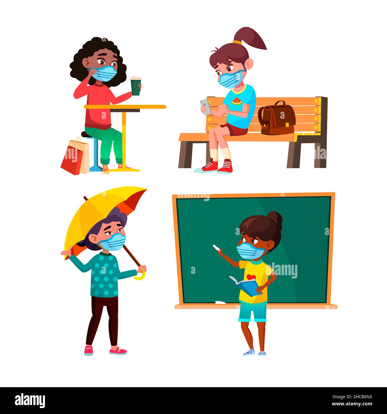 School Kids Girls Wearing Facial Mask Set Vector Stock Vector Image