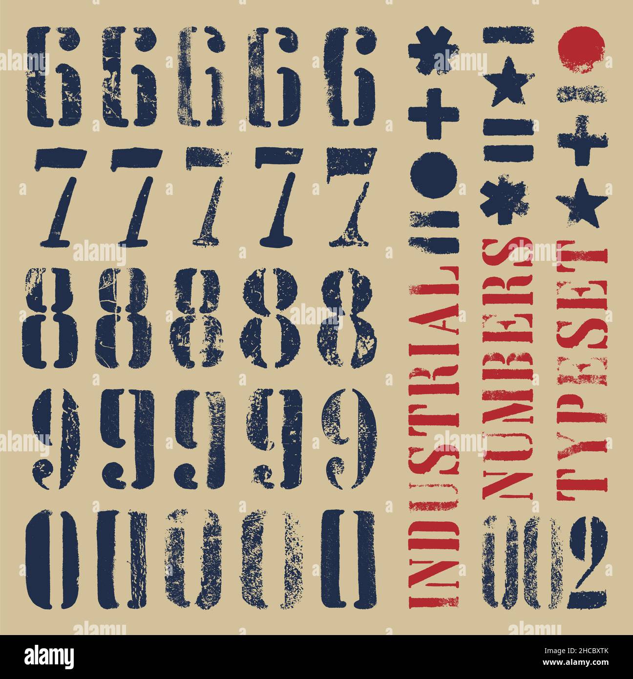 Industrial stencil grunge numbers. At least five alternatives per glyph Stock Vector